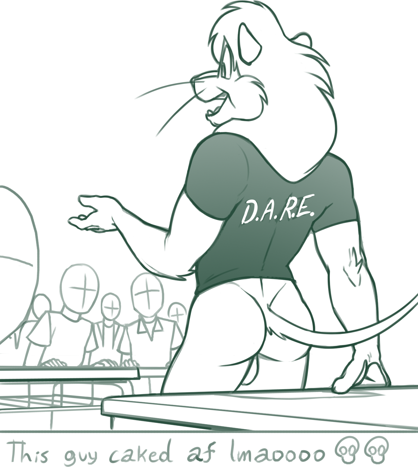 2024 5_fingers 7boys anon anthro anthro_focus arm_tuft ass bald balls bent_arm big_eyes biped black_and_white black_text bottomless bottomless_anthro bottomless_male cheek_tuft clothed clothed_human clothed_male clothing d.a.r.e. daren daren_the_lion dark_clothing dark_shirt dark_t-shirt dark_topwear desk digital_drawing_(artwork) digital_media_(artwork) elbow_tuft emoji english_text faceless facial_tuft fangs felid fingers fur fur_tuft furniture genitals group hi_res human humanoid_hands lion long_whiskers looking_at_another male male_only mammal mane monochrome multiple_boys multiple_males open_mouth open_smile pantherine polo_shirt prick_ears print_clothing print_shirt print_t-shirt print_topwear redout shirt shirt_only sitting skull_symbol slang smile snout solo_focus standing t-shirt t-shirt_only table tail teeth text text_on_clothing text_on_shirt text_on_t-shirt text_on_topwear three-quarter_view topwear topwear_only tuft whiskers