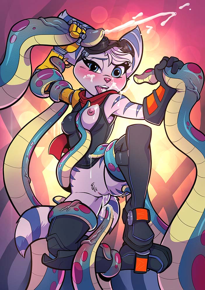 tekuho, ratchet and clank, sony corporation, sony interactive entertainment, anthro, blue eyes, blush, bodily fluids, boots, bottomless, breasts, clothed, clothing, cum, cum in pussy, cum inside, cum on breasts, cum on face, cybernetic limb, ejaculation, exposed breasts, female, footwear, fur, genital fluids, handjob, held up, legwear, lombax, mammal, medium breasts, nipples, penile, rivet (ratchet and clank), robotic arm, scarf, sex, striped body, stripes, tentacle, thigh highs, topwear, video games, white body, white fur, 