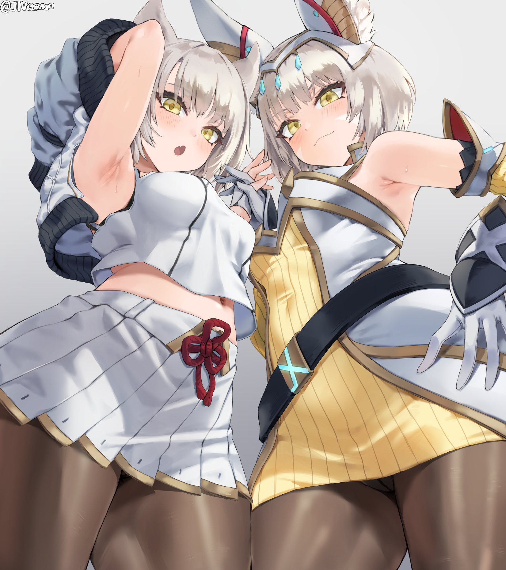 jtveemo, nia, nintendo, xenoblade (series), xenoblade chronicles 2, 2022, 2girls, blonde hair, breasts, cat ears, catgirl, female, gold eyes, hips, light-skinned female, light skin, looking at viewer, low-angle view, medium breasts, mio (xenoblade), nia (xenoblade), slim waist, thick thighs, thighs, white hair, wide hips, xenoblade chronicles 3, 