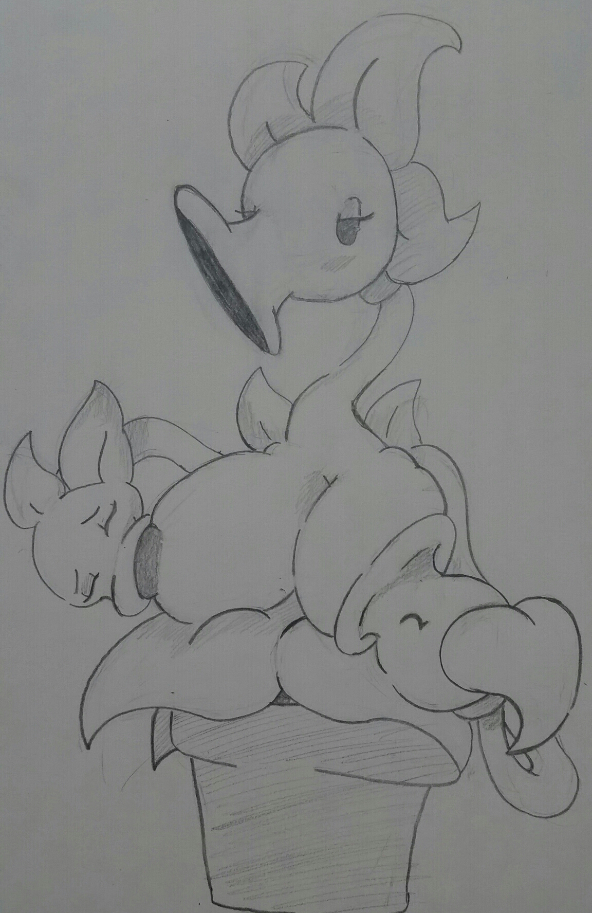thompson-vonjung, peashooter, threepeater, plants vs zombies, black and white, monochrome, simple background, 3 heads, anthro, breast suck, breast sucking, breasts, drinking, eyelashes, female, flora fauna, large breasts, mammal, multi head, nipple suck, nipples, plant, suckling, traditional media, 