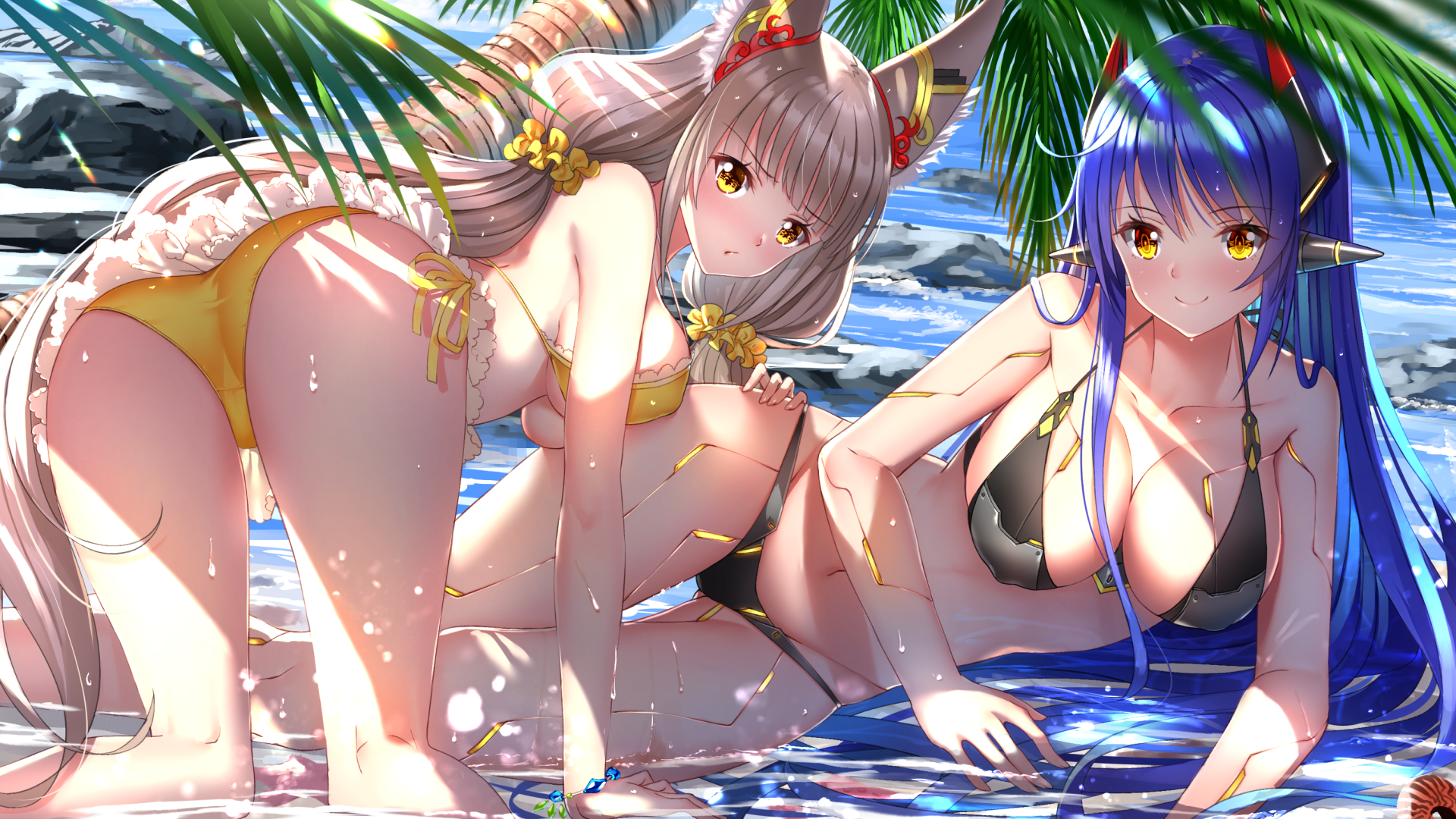 swordsouls, hana (xenoblade), nia, niyah, niyah (blade), poppi, poppi qtpi, nintendo, xenoblade, xenoblade (series), xenoblade 2, xenoblade chronicles, xenoblade chronicles 2, commentary request, highres, 2girls, all fours, android, animal ear fluff, animal ears, ass, bangs, bikini, black bikini, blue hair, blurry, blurry foreground, blush, breasts, cleavage, closed mouth, day, depth of field, eyebrows visible through hair, gluteal fold, grey hair, hair between eyes, hair ornament, hair scrunchie, headgear, large breasts, long hair, looking at viewer, lying, multiple girls, navel, older, on side, outdoors, palm tree, robot ears, scrunchie, shallow water, side-tie bikini, smile, sunlight, swimsuit, thigh gap, tree, very long hair, water, yellow bikini, yellow eyes, yellow scrunchie, 