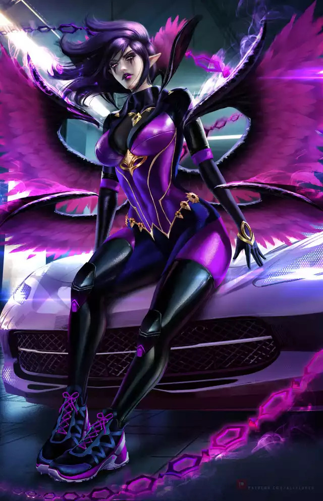 morgana, league of legends, ally loren, big breasts, female, goth, purple eyes, purple hair, thick thighs, 