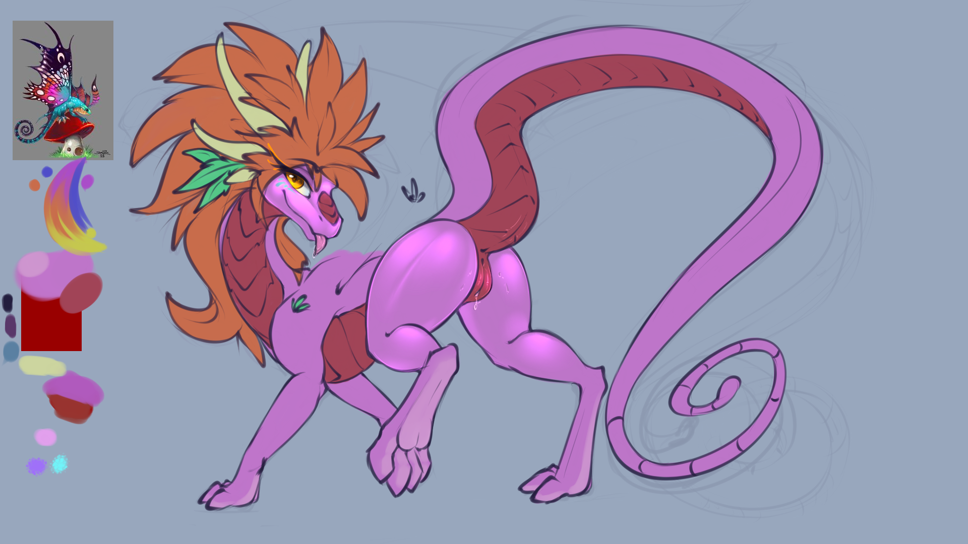 oksara, colored, sketch, source request, all fours, anus, ass, ass up, detailed, dragon, female, feral, hair, long hair, looking at viewer, mane, presenting, presenting hindquarters, pussy, pussy juice, raised leg, smile, solo, tongue, tongue out, toony, 
