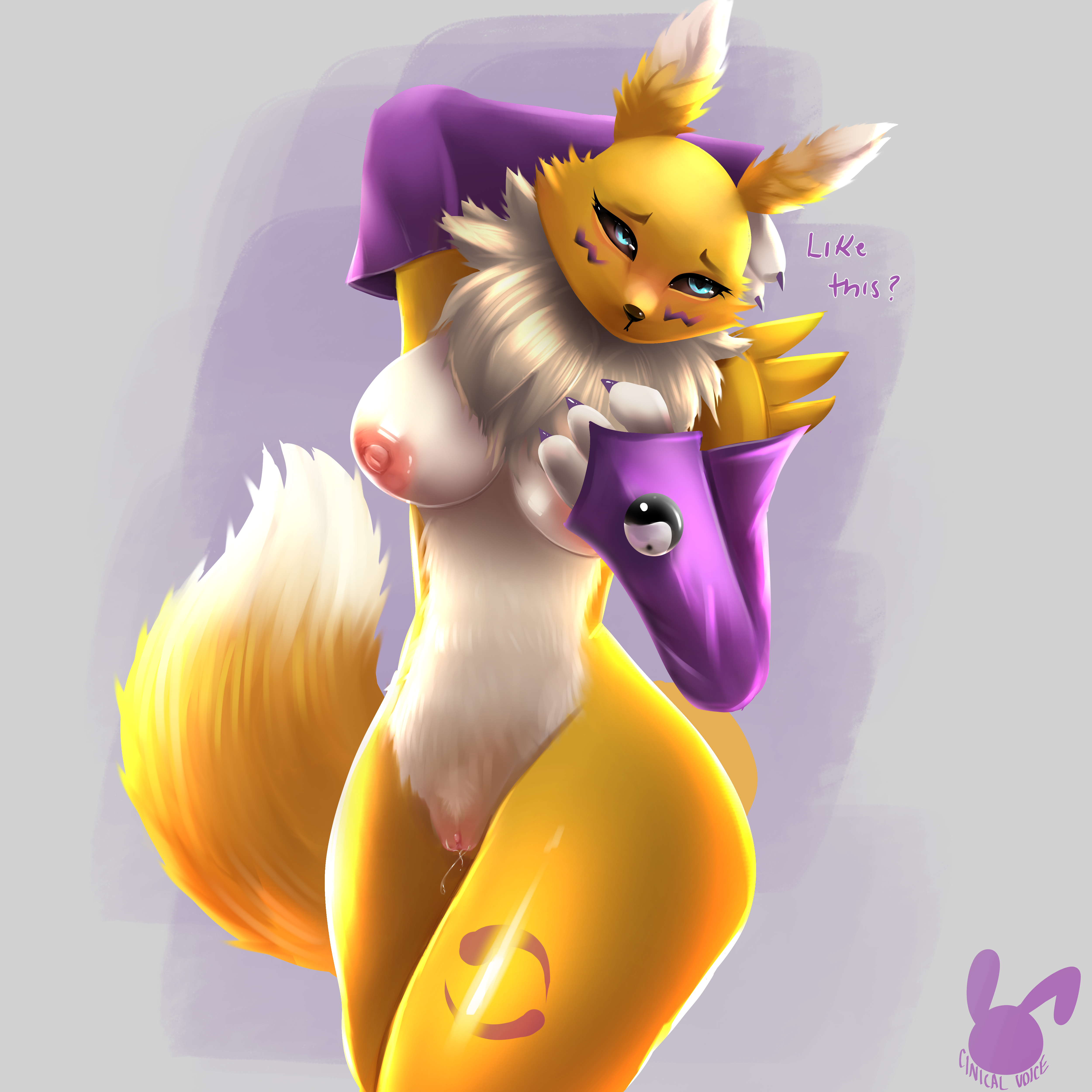 digimon (species), bandai namco, digimon, absurd res, hi res, pose, text, anthro, armwear, big breasts, black nose, bodily fluids, breasts, bridal gauntlets, canid, canine, cinicalvoice, clitoris, clothing, dripping, female, fox, fur, genital fluids, genitals, gloves, handwear, mammal, neck tuft, nipples, pussy juice, pussy juice drip, solo, thick thighs, tuft, yellow body, yellow fur, 