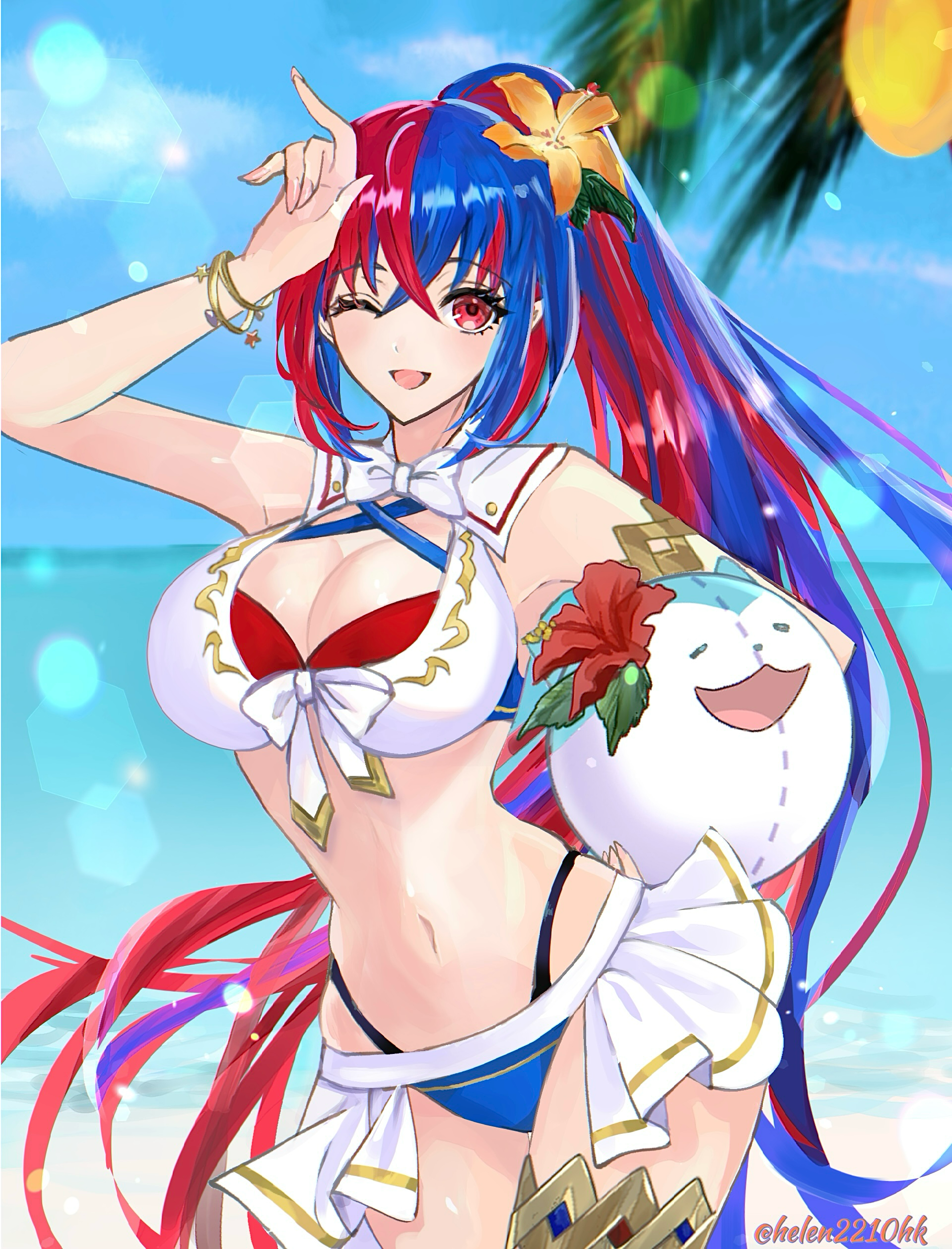 1girls absurdres alear_(female)_(seaside_dragon)_(fire_emblem) alear_(fire_emblem) alear_(fire_emblem)_(female) alternate_costume alternate_hairstyle ball_(object) beachball bikini blue_bikini blue_hair blue_sky blue_swimsuit breasts cleavage cloud crossed_bangs day female female_only fire_emblem fire_emblem_engage fire_emblem_heroes flower hair_flower hair_ornament helen_(helen2210hk) highres holding holding_ball large_breasts long_hair multicolored_hair multiple_females multiple_girls navel nintendo ocean official_alternate_costume official_alternate_hairstyle one_eye_closed open_mouth ponytail red_bikini red_eyes red_hair red_swimsuit sidelocks sky solo sommie_(fire_emblem) split-color_hair stomach sunlight swimsuit twitter_username two-tone_hair very_long_hair water white_bikini white_swimsuit yellow_flower