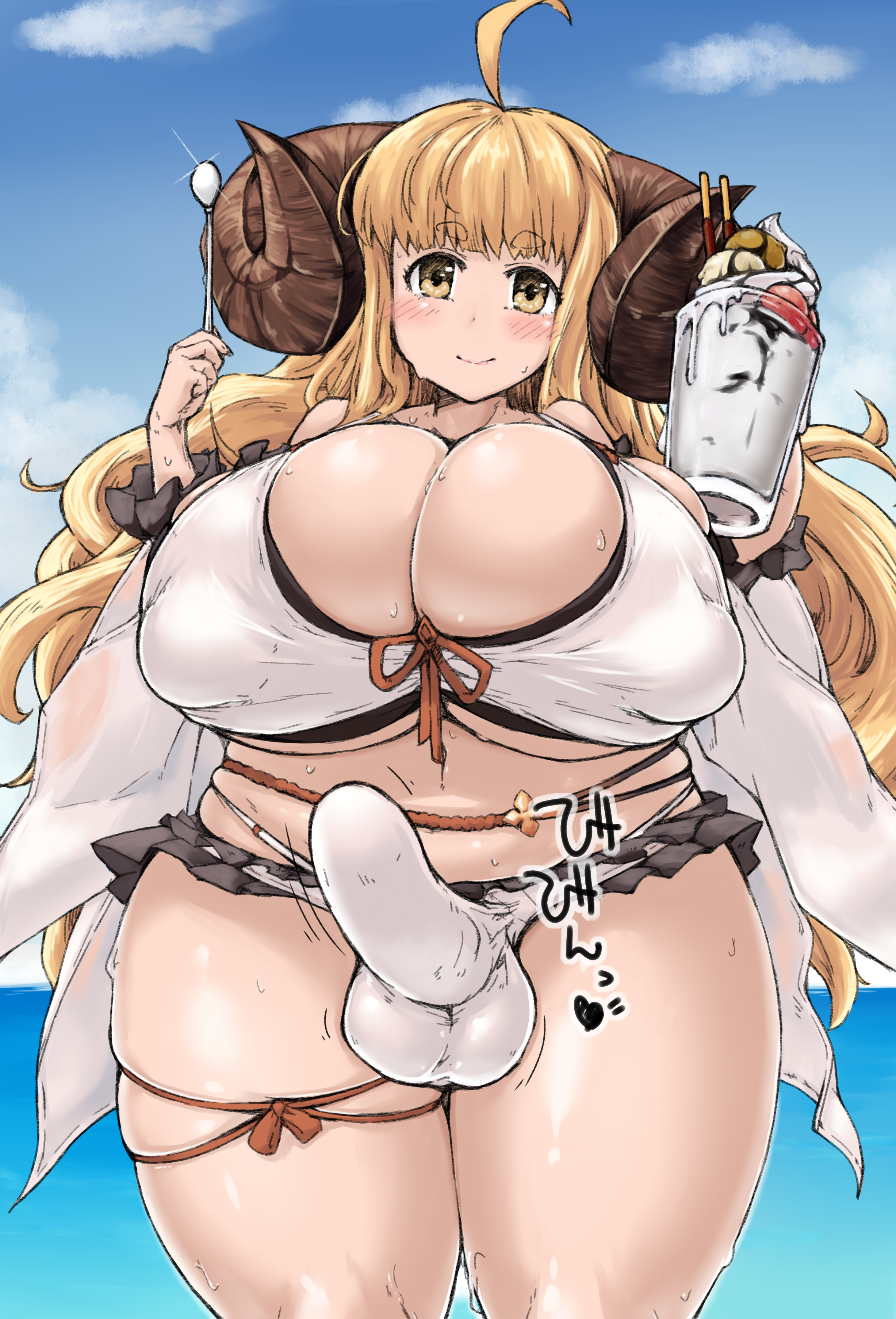 1futa ahoge anila_(granblue_fantasy) animal_humanoid bangs big_breasts biped blonde_hair blush bodily_fluids bottomwear bovid bovid_humanoid breasts bulge caprine caprine_humanoid cleavage clothed clothing cloud curled_horns curvy_figure cutlery day dessert draph erection erection_under_clothes female food fti_crossgender futa_only futanari genderswap genderswap_(fti) genital_outline genitals glistening glistening_body glistening_breasts glistening_clothing glistening_skin granblue_fantasy hair hi_res holding_food holding_object horn huge_breasts humanoid humanoid_hands humanoid_penis ice_cream intersex kanon_(148bpm) kitchen_utensils light-skinned_futa light_skin long_hair looking_at_viewer mammal mammal_humanoid microskirt miniskirt monotone_hair mostly_nude nipple_outline open_mouth open_smile outside pale_skin penis penis_outline rule_63 seaside sheep_girl sheep_humanoid skindentation skirt slightly_chubby smile solo solo_futa spoon standing sweat thick_thighs tight_clothing tongue tools translucent translucent_clothing voluptuous water wide_hips yellow_eyes