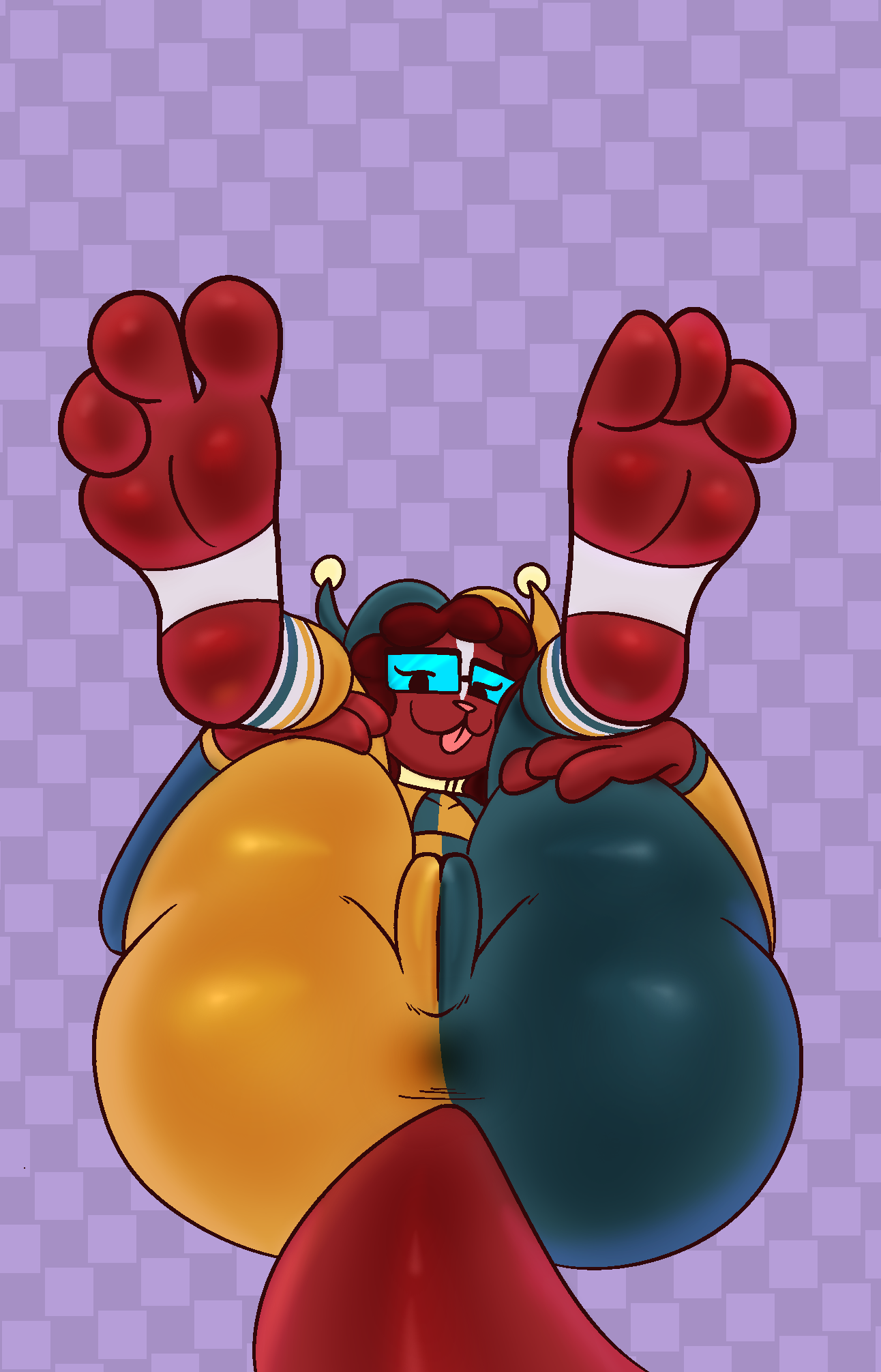 alby_(lovehatealien) anthro anus anus_outline ass camel_toe cameltoe clothing eyewear feet female fool's_hat foot_fetish foot_focus footwear genitals glasses hat headgear headwear hi_res jester lovehatealien lying mammal mephitid nerd on_back pussy skunk socks solo stirrup_socks thick_thighs