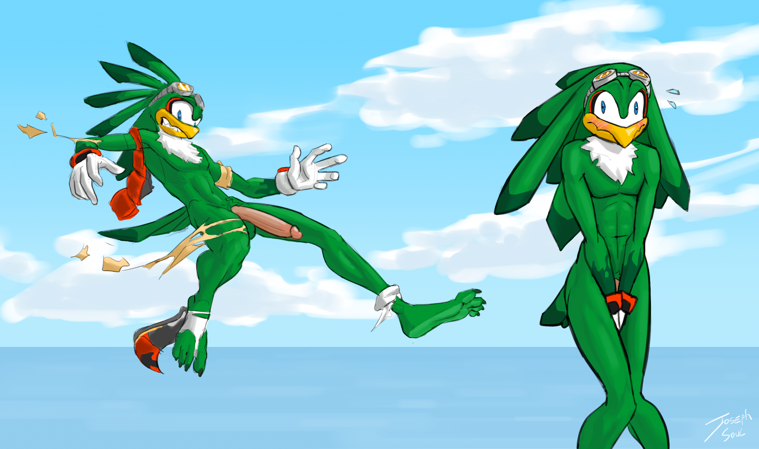 2024 4_toes 5_fingers accipitrid accipitriform anthro artist_name avian balls beak bird blue_eyes blue_sky blush chest_tuft claws clothing cloud covering covering_crotch detailed_background digital_drawing_(artwork) digital_media_(artwork) embarrassed embarrassed_nude_male eyewear eyewear_on_head feathers feet fingers genitals gloves goggles goggles_on_head green_body green_feathers handwear hi_res jet_the_hawk joeyjazz long_penis looking_at_viewer male male_only nude nude_anthro nude_male outside penis sea sega signature sky solo sonic_(series) sonic_riders sonic_the_hedgehog_(series) tail tail_feathers toe_claws toes torn_clothing tuft water white_clothing white_gloves white_handwear