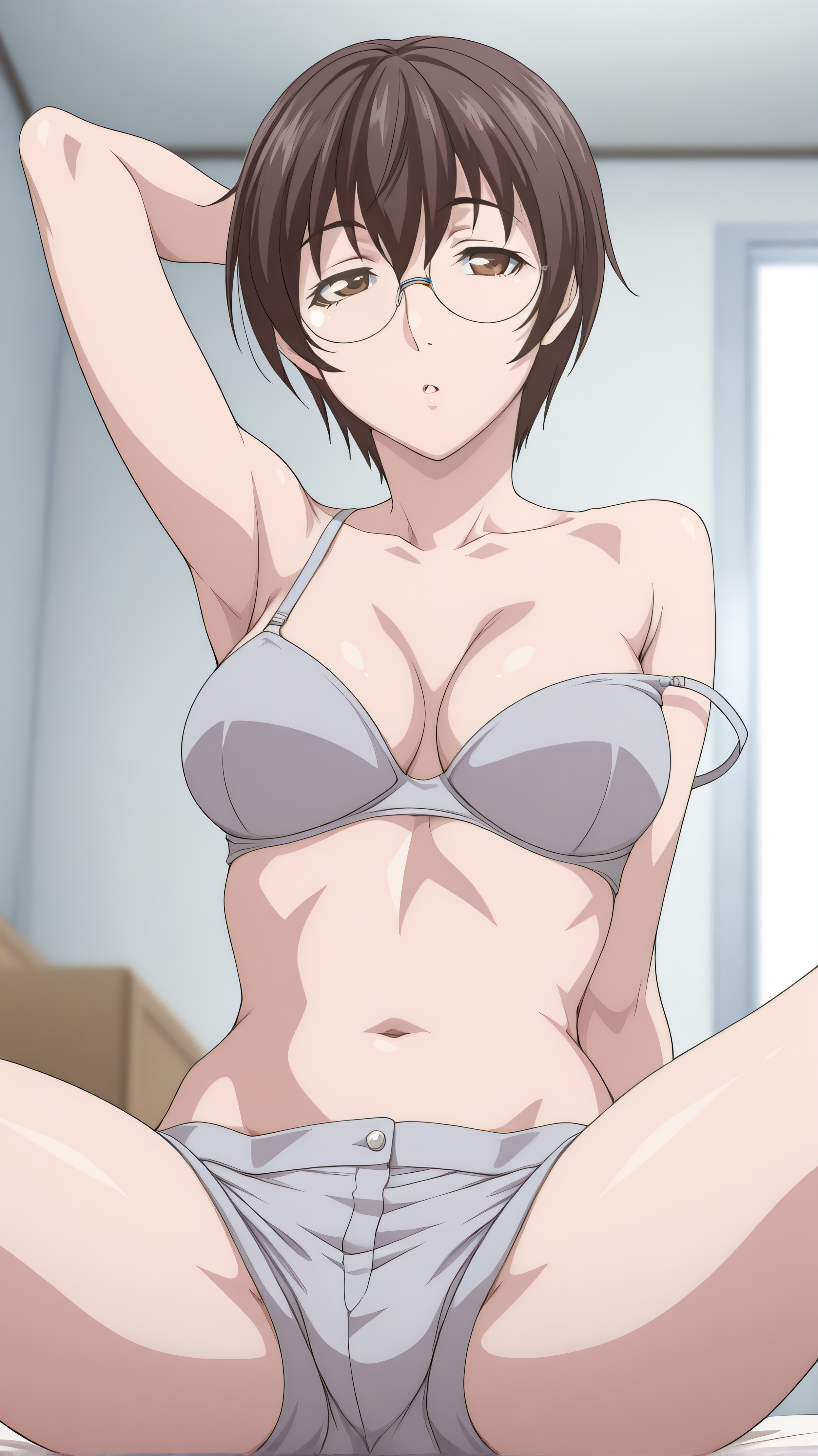 1girls alternate_costume arm_behind_head arm_up bangs bed bedroom bedroom_eyes bible_black bible_black_only big_breasts blush bra bra_strap bra_strap_slip breasts brown_eyes brown_hair clavicle cleavage clothing collarbone curvaceous curvy curvy_figure day eyewear facing_viewer female female_focus female_only glasses half-closed_eyes implied_sex indoors looking_at_viewer megane midriff morning navel nerdy nerdy_female nonogusa_miyuki off_shoulder one_arm_up parted_lips partially_clothed pixie_cut rimless_eyewear rimless_glasses sexually_suggestive short_hair short_shorts shorts sitting sitting_on_bed skimpy skimpy_clothes sleepwear sleepy solo spread_legs strap_slip suggestive suggestive_pose teen teenage_girl teenager topless topless_female underwear waking_up