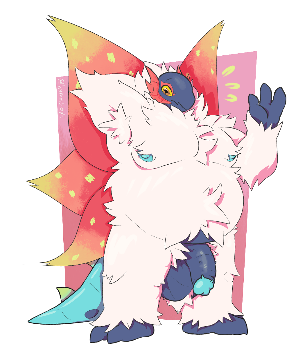 pokemon (species), nintendo, hi res, alpha channel, ancient pokemon, anthro, armpit hair, balls, big balls, body hair, emanata, flaccid, generation 9 pokemon, genitals, gesture, hand behind head, insect wings, looking at viewer, male, nipples, nude, overweight, overweight anthro, overweight male, paradox pokemon, penis, pokemon, slither wing, solo, sophymn, waving, white body, wings, 