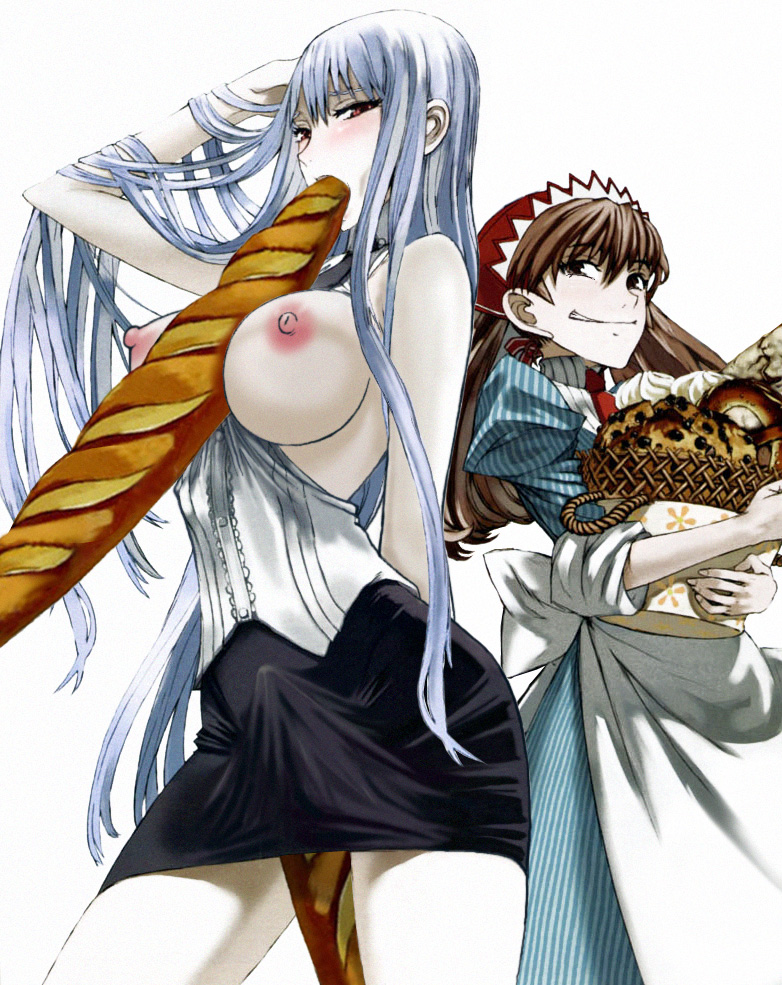 alicia melchiott, selvaria bles, valkyria chronicles, valkyria chronicles 1, between breasts, bread, breasts, food between breasts, huge breasts, long hair, nipples, red eyess, silver hair, 