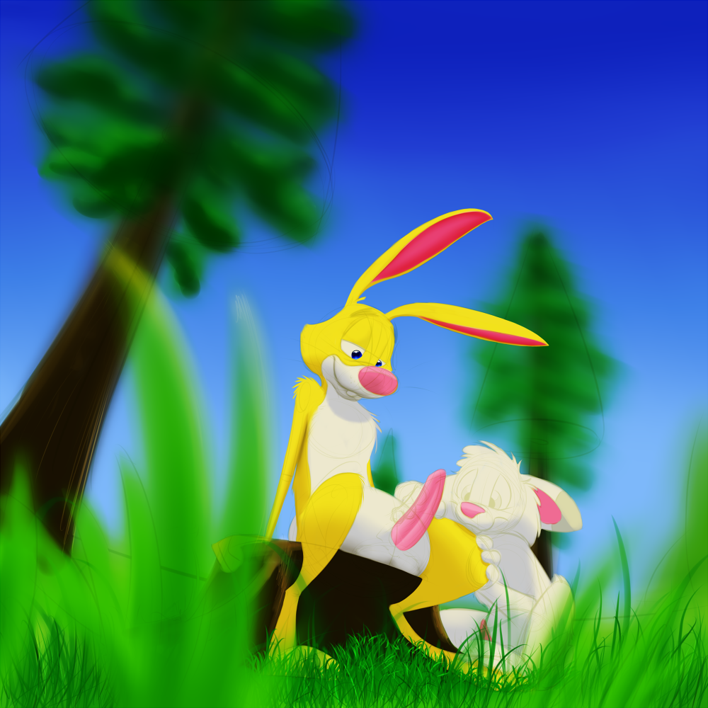 weaselgrease, rabbit (winnie the pooh), disney, winnie the pooh (franchise), anthro, balls, buckteeth, curious, duo, erection, fur, grass, half-closed eyes, lagomorph, leg grab, long ears, looking at penis, low-angle view, male, mammal, multicolored fur, on ground, outside, penis, pink nose, rabbit, sitting, smile, tapering penis, teeth, toony, tree, tree stump, two tone fur, white fur, yaoi, yellow fur, 