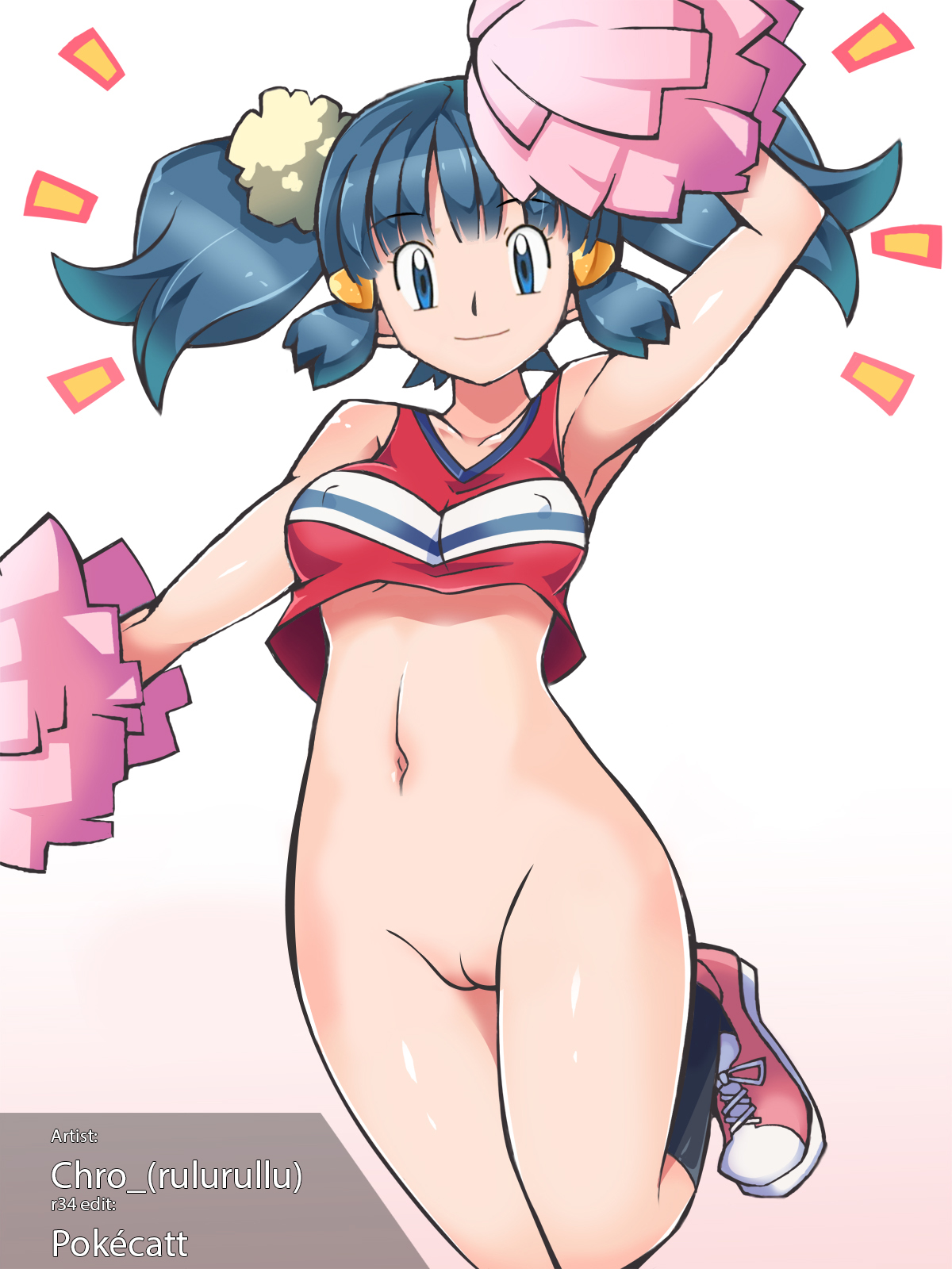 chro, pokecatt, dawn (pokemon), nude filter, cheerleader, female, female only, human, pokemon, solo, 
