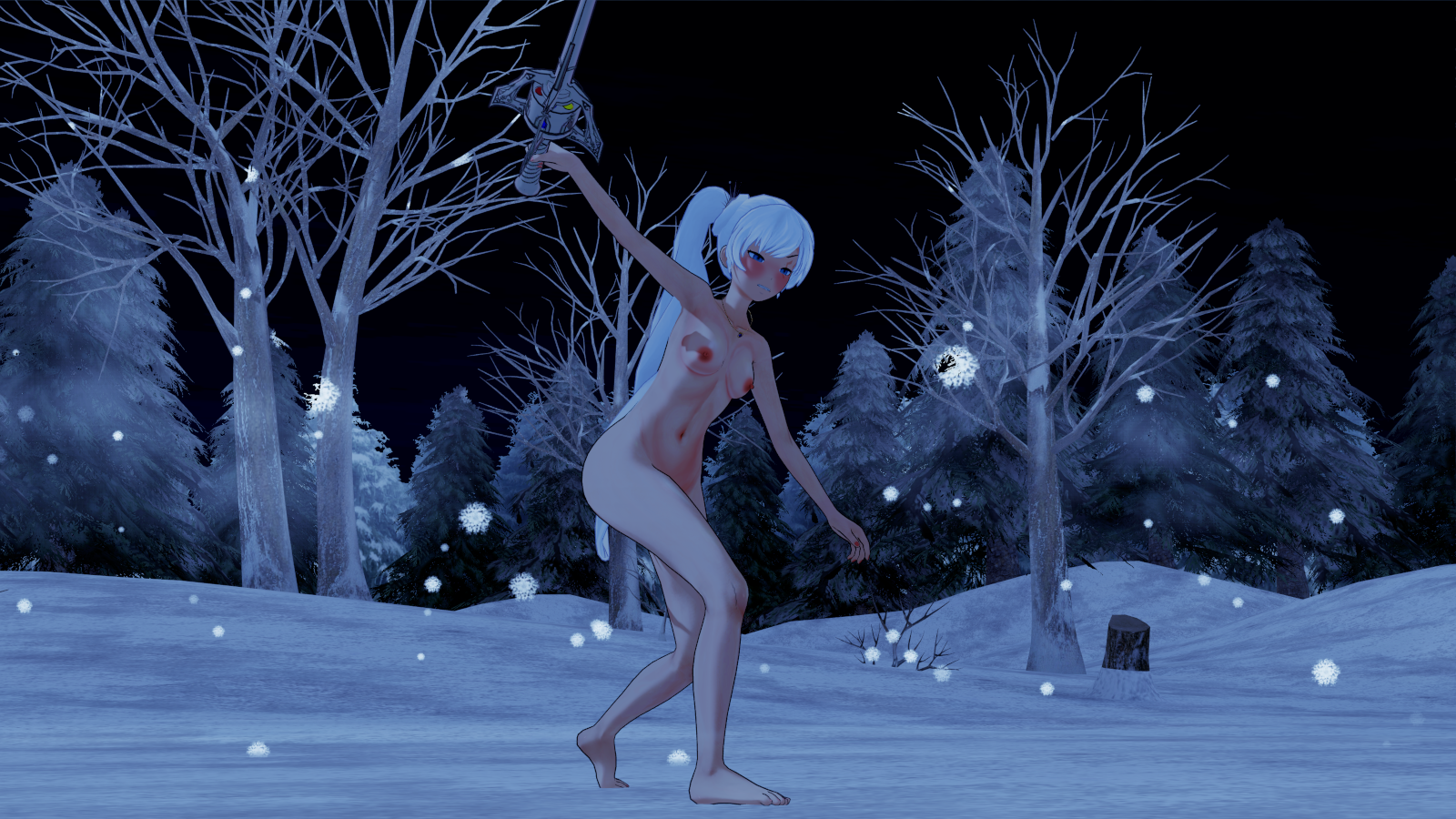 weiss schnee, rwby, ass, barefoot, breasts, completely nude, effineffer, night, nipples, nude, outdoors, outside, pussy, snow, sword, training, 