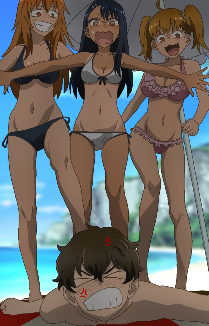 774 (nanashi), gamo-chan, hayase nagatoro, naoto hachioji (senpai), yoshi (nagatoro), simple background, 1boy, 3girls, beach, big breasts, bikini, black hair, blonde hair, blush, breasts, brown eyes, brown hair, cleavage, closed eyes, clothed, clothing, curvy, navel, on stomach, open mouth, orange eyes, orange hair, public, revealing clothes, small breasts, sweat, tanline, tanned, wide hips, 