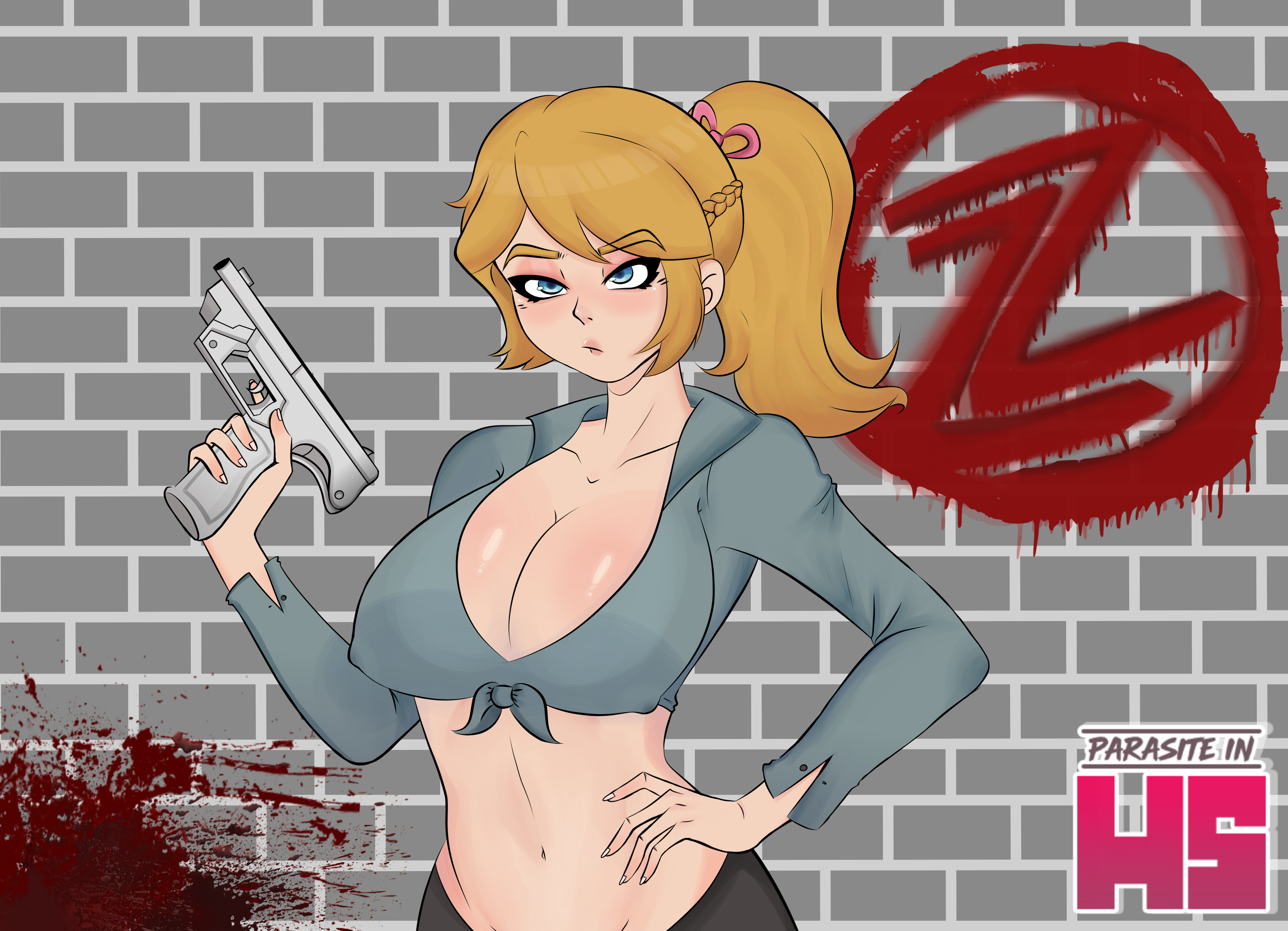 artist request, joy (fnafhs), fnafhs, big breasts, blonde female, blonde hair, blonde hair female, blue eyes, fnafhsrule34, ponytail, tre6s art(artist), 