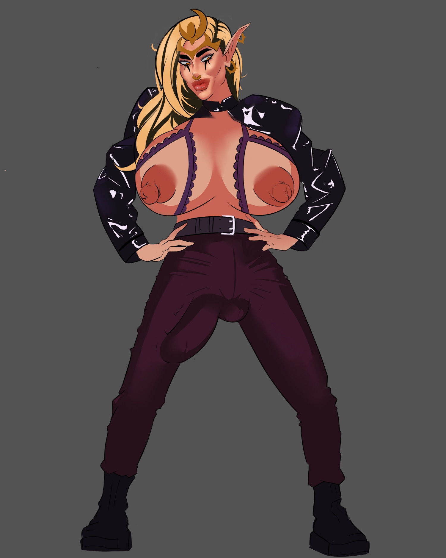 slaanesh, warhammer (franchise), warhammer fantasy, big ass, big balls, big breasts, big lips, big penis, blonde hair, boots, futa only, futanari, leather, lipstick, makeup, penis, slaaneshi cultist, tight clothing, tight fit, tight pants, 