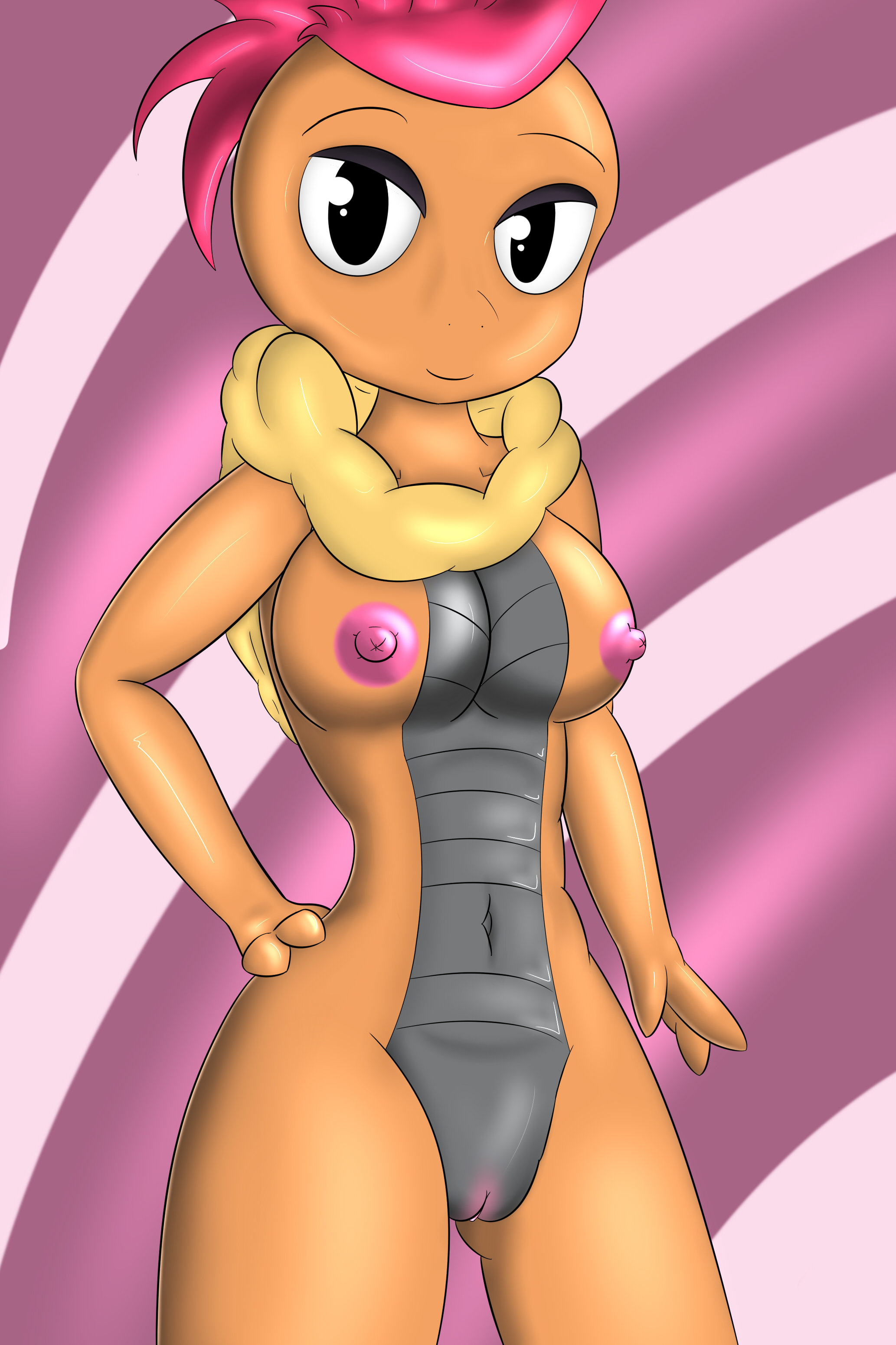 fir3born, scrafty, nintendo, anthro, breasts, female, hair, looking at viewer, nipples, nude, pokemon, pussy, red hair, solo, standing, video games, 