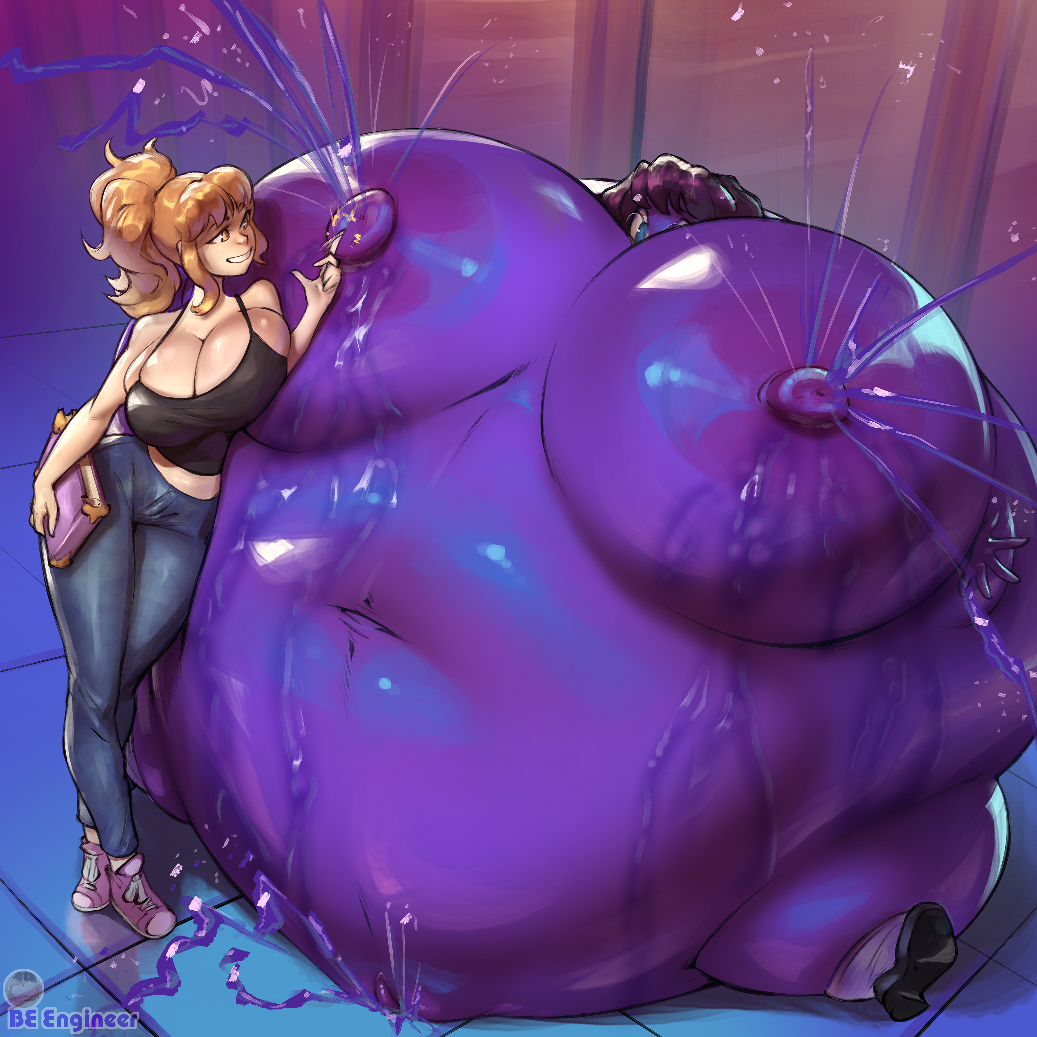 beengineer blueberry_inflation huge_ass huge_breasts implied_yuri lactation leaking_juice leaning_on_person nude public teasing trying_not_to_cum trying_to_escape