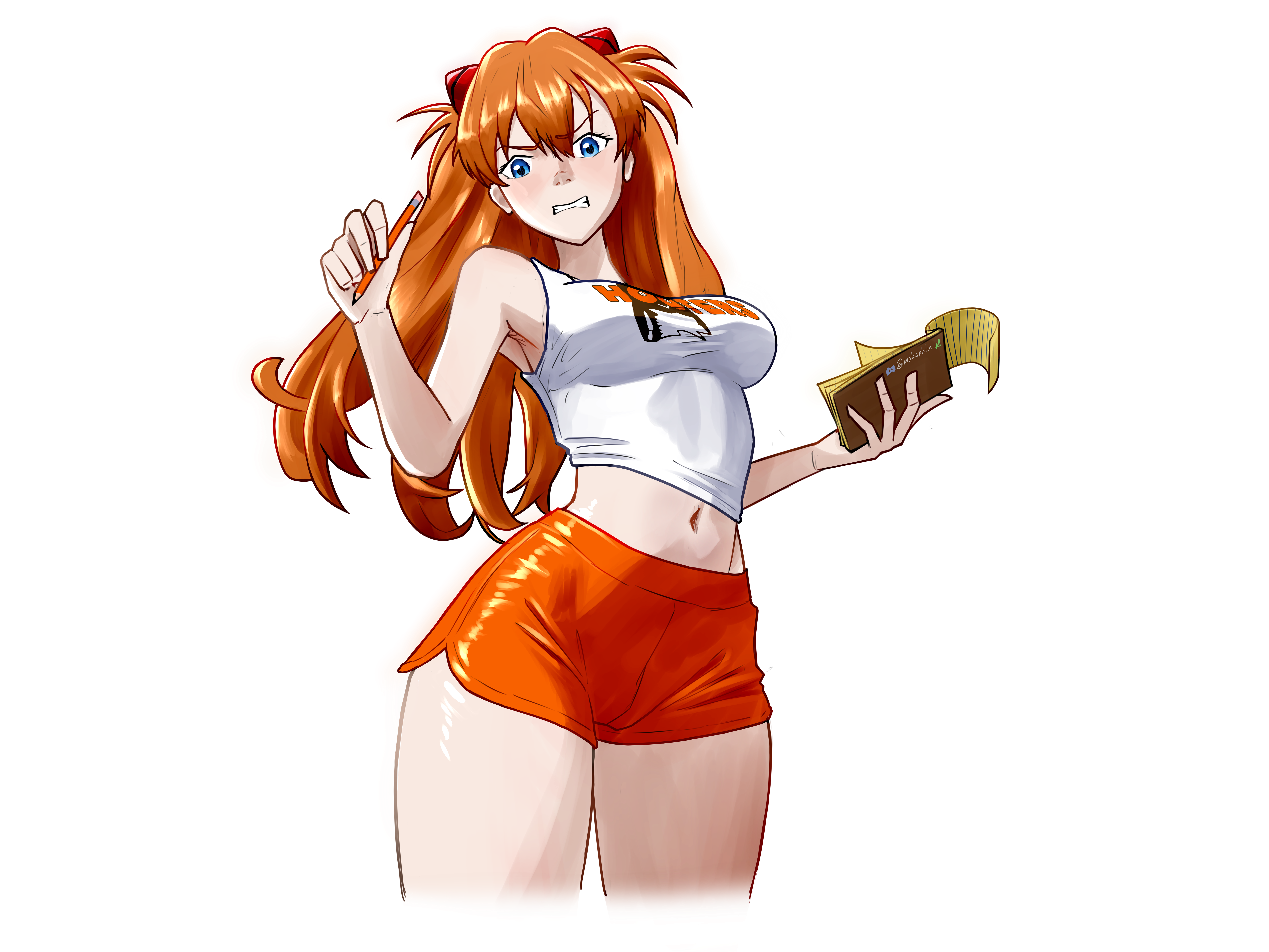 asuka_langley_sohryu blue_eyes booty_shorts exposed_midriff forced_smile gritted_teeth hooters hooters_uniform interface_headset_(evangelion) long_hair looking_at_viewer looking_down_at_viewer makaphin medium_breasts midriff neon_genesis_evangelion notebook orange_hair orange_shorts pale-skinned_female pale_skin pencil shorts tank_top tanktop thick_thighs thighs twintails waitress