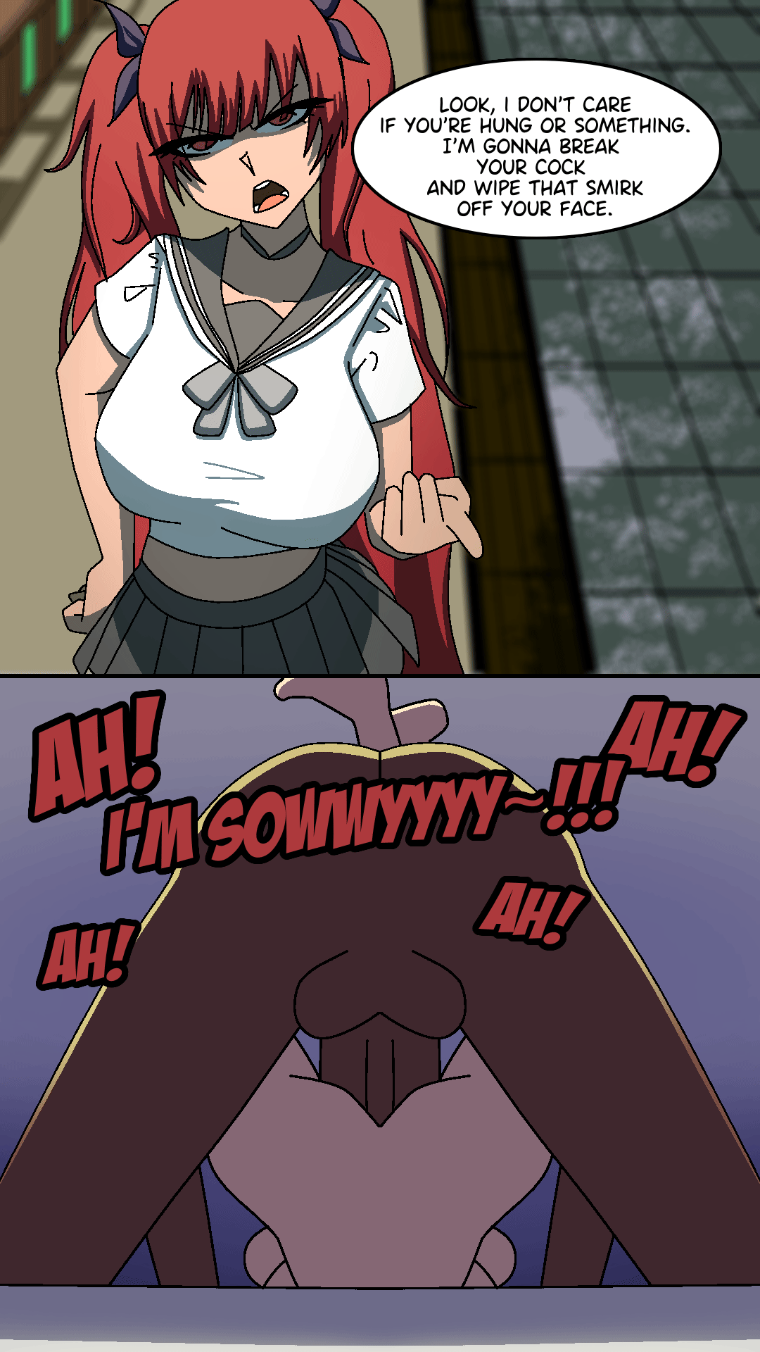 1boy 1girls 2koma animated azur_lane begging_for_mercy begging_to_stop brat bratty_correction bratty_submissive breasts correction corrective_rape dark-skinned_male female honolulu_(azur_lane) instant_loss_2koma interracial large_breasts male mating_press ntr paperplatinum red_eyes red_hair twintails