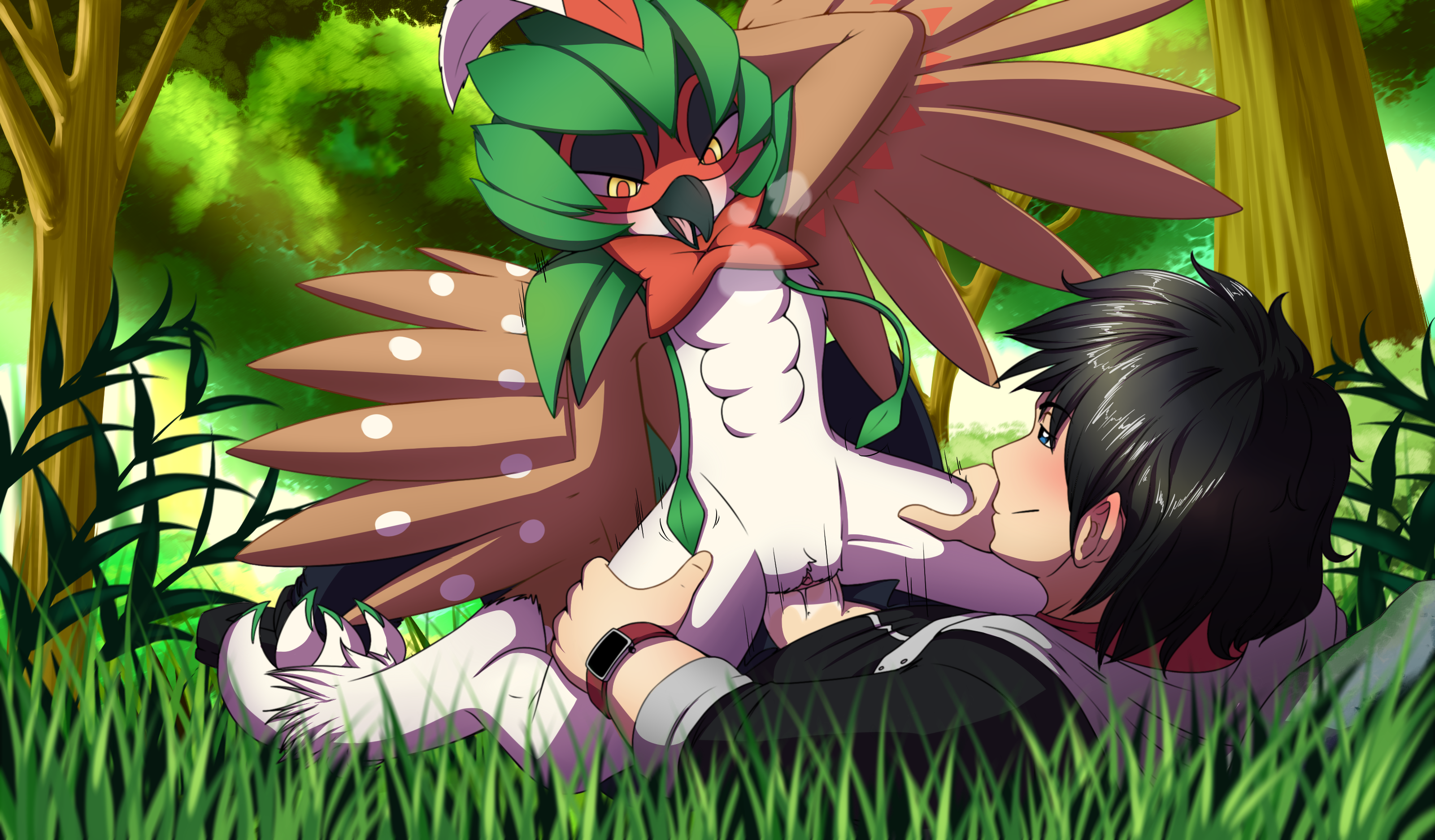 messer-aramis, decidueye, original character, nintendo, pokemon sm, absurd res, hi res, 1boy, 1girls, anthro, anthro penetrated, arm up, armpits, beak, big feet, big penis, black hair, blue eyes, brown feathers, claws, clothed male nude female, eye contact, feet, female, female on top, female penetrated, flat chest, forest, grass, green feathers, half-closed eyes, heavy breathing, human, human on anthro, human penetrating, human penetrating anthro, interspecies, larger male, male, male on anthro, male penetrating, male penetrating female, mammal, motion lines, nude, on back, on top, open mouth, penetration, penis, penis out, pokemon, pokephilia, pussy, pussy juice, riding, sex, short hair, size difference, smaller female, smile, spread legs, thick penis, thick thighs, tree, vaginal penetration, video games, watch, wet, white feathers, wings, yellow eyes, 