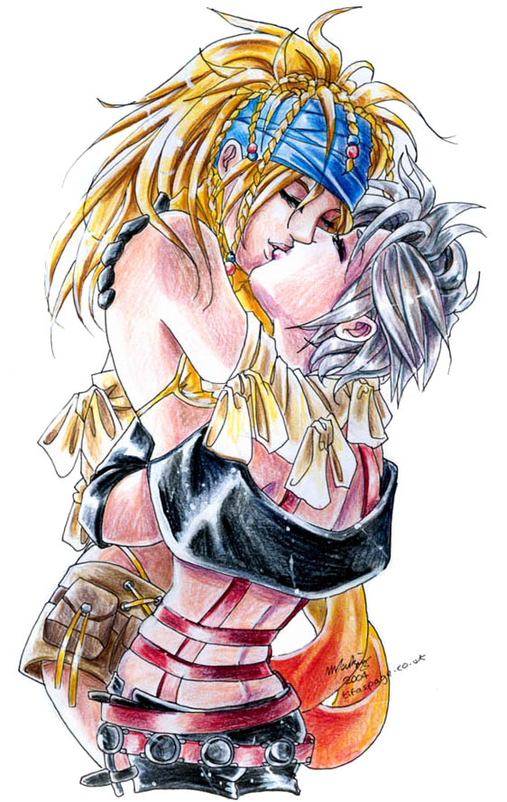 paine, rikku, final fantasy, final fantasy x, final fantasy x-2, 2girls, female, kissing, multiple girls, traditional media, yuri, 