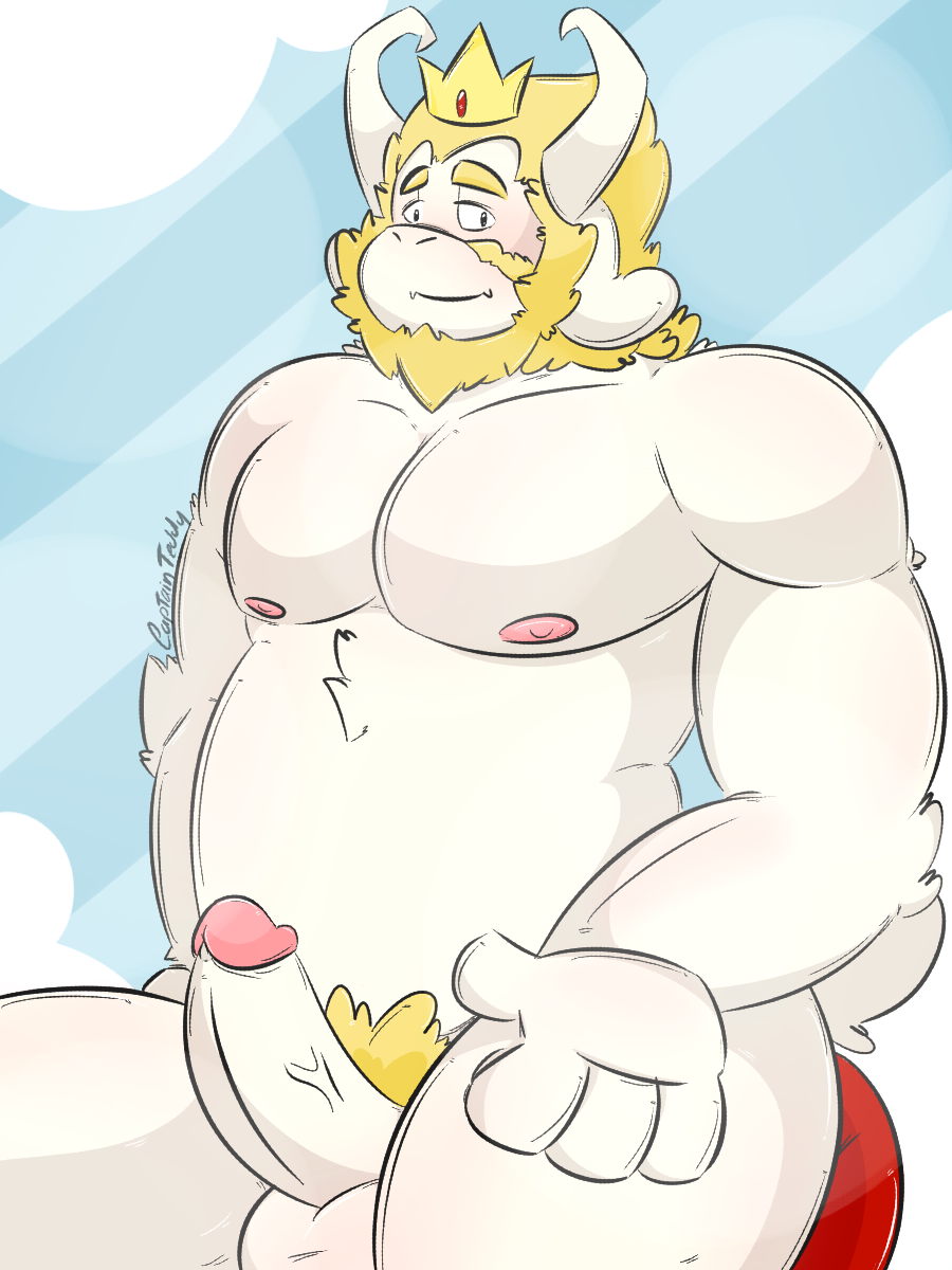 ringersoul, asgore dreemurr, undertale, 2015, beard, blush, caprine, chubby, facial hair, goat, humanoid penis, male, male only, mammal, nipples, nude, penis, pubes, solo, video games, 