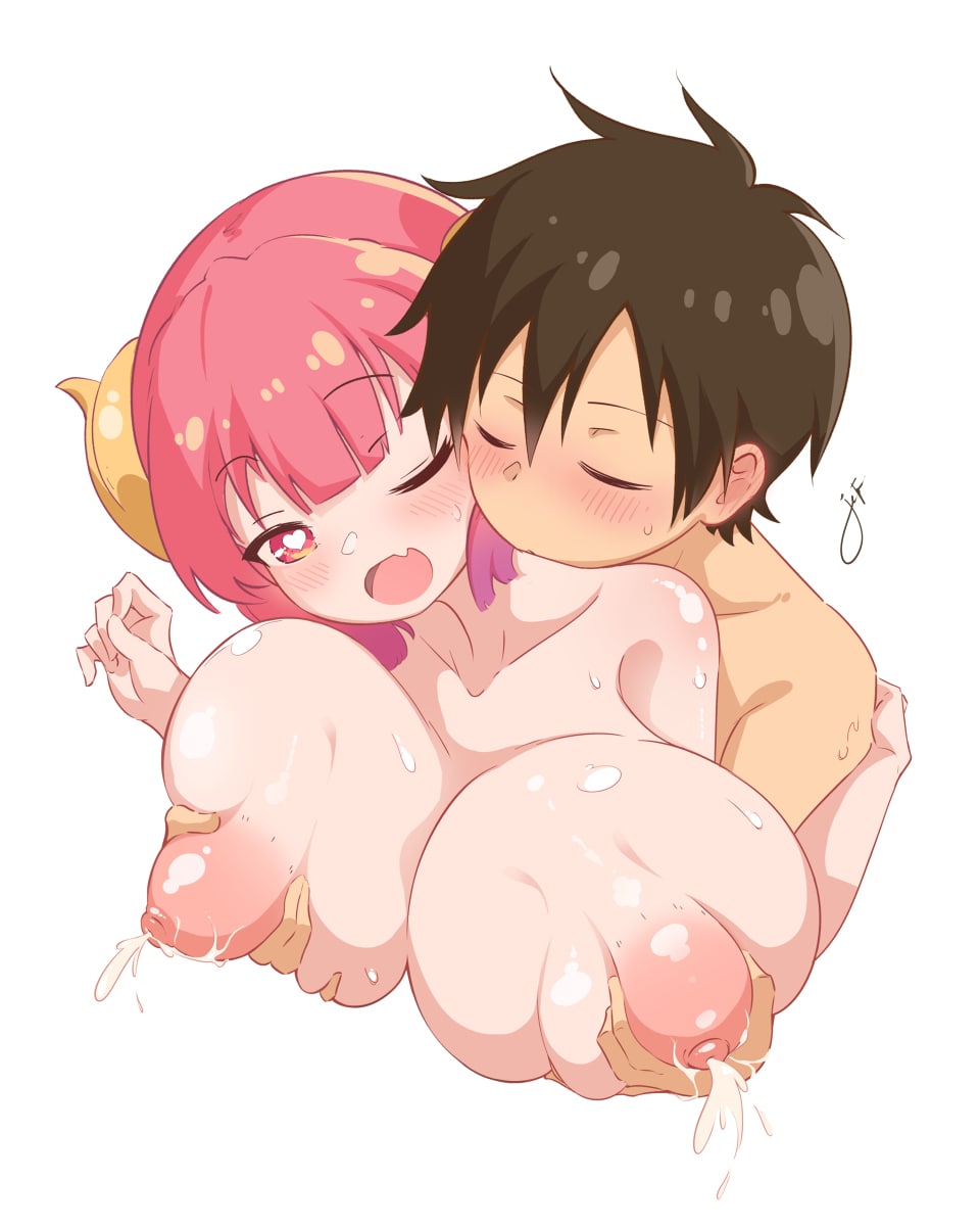 1boy1girl, areolae, huge breasts, ilulu (dragon maid), milking, nipples, nude, taketo (dragon maid), 