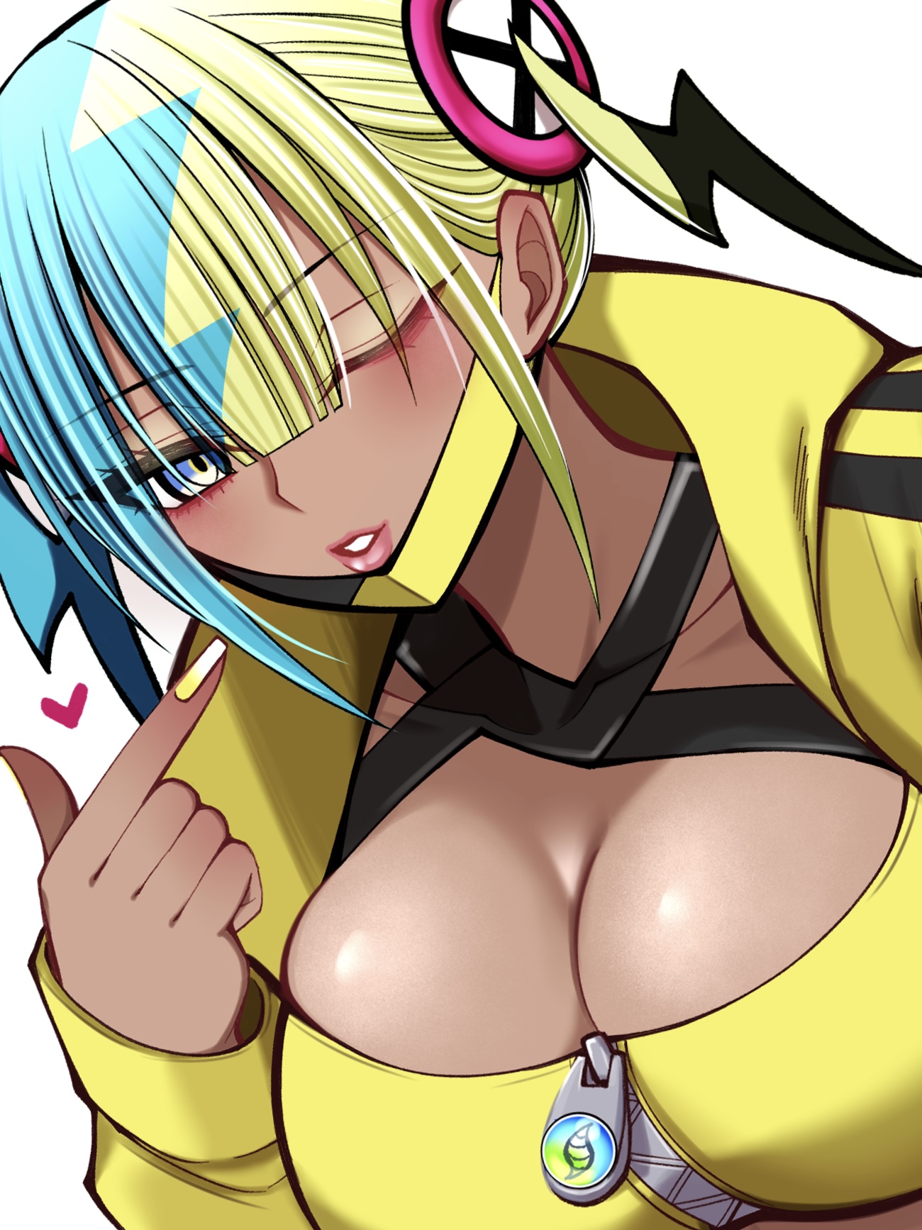 black mask, game freak, nintendo, commentary, highres, 1girls, aqua hair, bandeau, black halterneck, blonde hair, blue eyes, breasts, canari (pokemon), canary (pokemon), criss-cross halter, criss-cross straps, dark-skinned female, dark skin, female, halterneck, heart, jacket, large breasts, long sleeves, mask, mask pull, mcpc zamurai, mega stone, mouth mask, multicolored hair, multicolored mask, nail polish, one eye closed, pokemon, pokemon legends: z-a, short twintails, solo, split-color hair, twintails, two-tone mask, upper body, yellow bandeau, yellow jacket, yellow mask, yellow nails, zipper, zipper pull tab, 