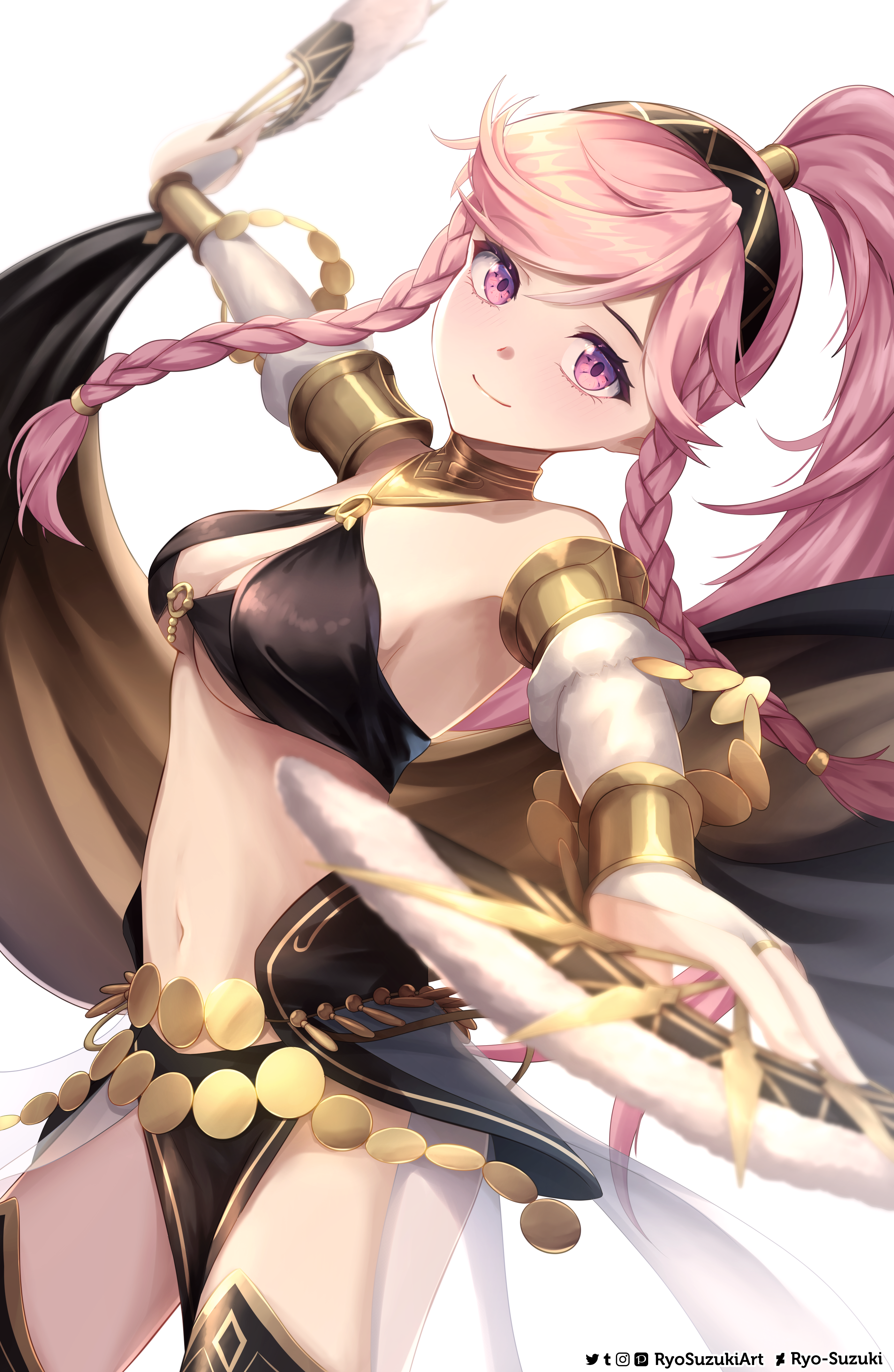 1girls absurdres alternate_costume artist_name black_hairband bracelet braid breasts bridal_gauntlets cleavage closed_mouth criss-cross_halter dancer dancing female female_only fire_emblem fire_emblem_awakening fire_emblem_heroes foreshortening gold_armlet gold_bracelet hair_tubes hairband halterneck hand_fan highres holding holding_fan jewelry long_hair looking_at_viewer medium_breasts midriff mixed-1girl navel nintendo o-ring o-ring_top official_alternate_costume olivia_(fire_emblem) pelvic_curtain pink_eyes pink_hair purple_eyes ryo-suzuki side_braids simple_background smile solo stomach swept_bangs thighs twin_braids underboob very_long_hair white_background