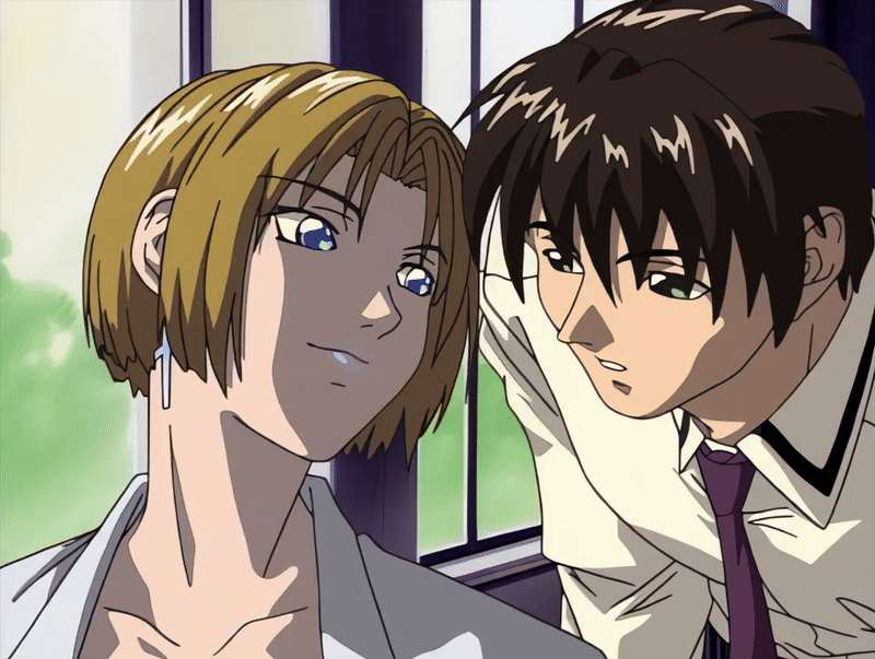 00s 1boy 1girls 2001 age_difference animated bible_black bible_black_night_of_the_walpulgiss blonde_hair blue_eyes bowtie cross_earrings earrings female green_eyes kitami_reika lab_coat large_breasts licking licking_cheek lipstick makeup minase_taki older_female_and_younger_male shirt short_hair tagme tongue tongue_out white_shirt witch