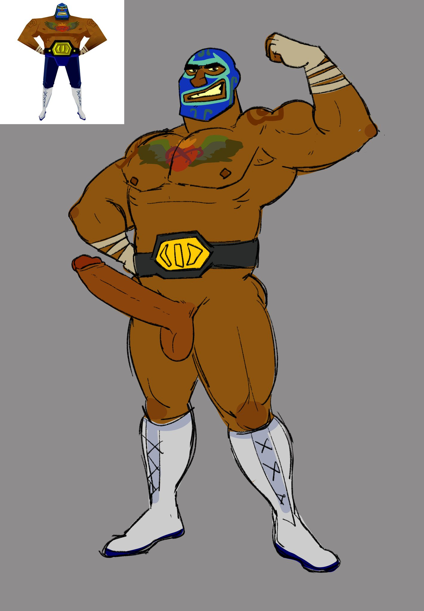 bara boots dark-skinned_male dark_skin flexing gay guacamelee juan_aguacate lucha_libre_mask luchador luchador_mask male mask muscles muscular muscular_arms muscular_male only red_robot smiling solo tattoo wrestler yaoi