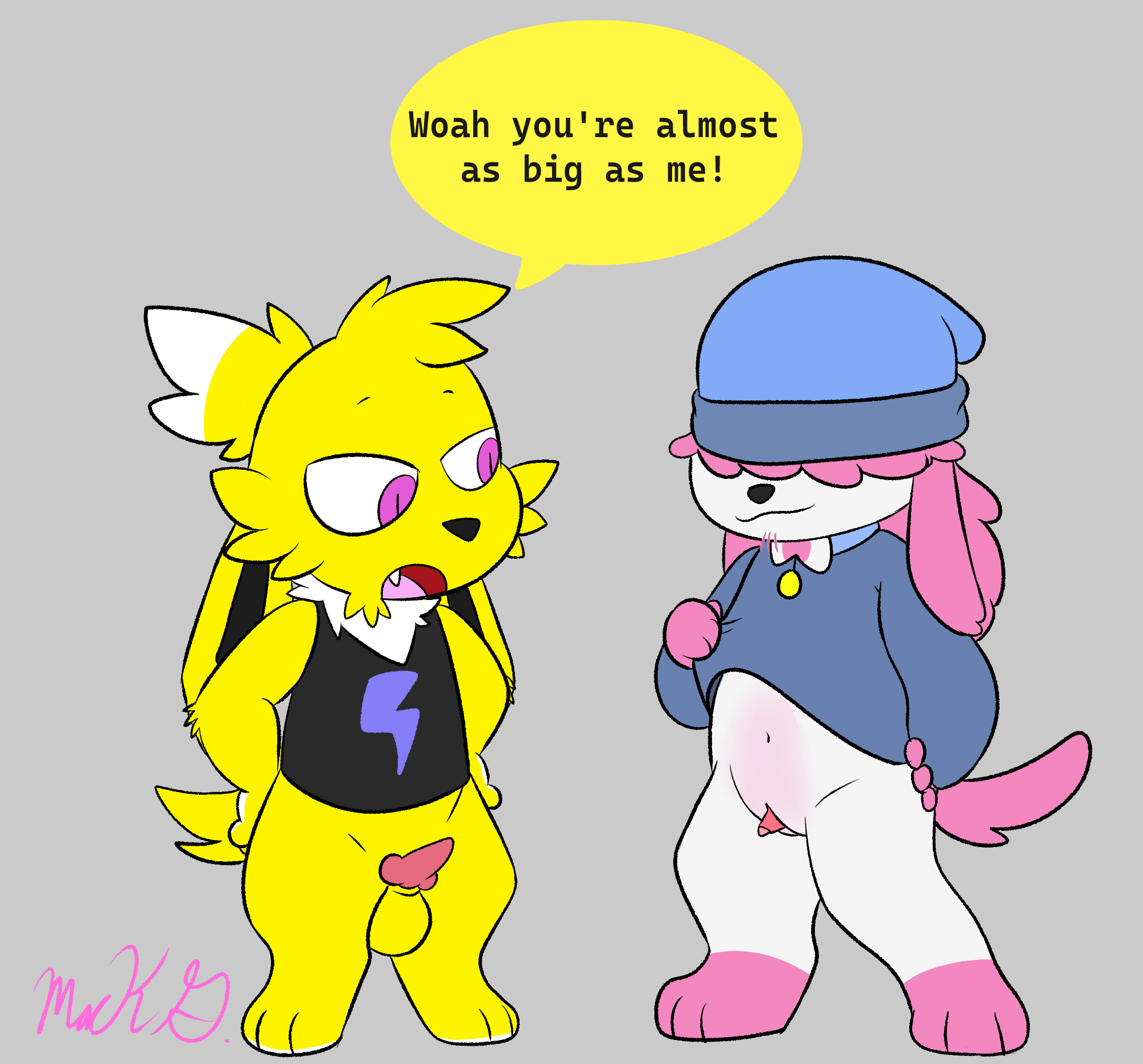 anthro beanie big_clitoris clitoris clothing collar comparing comparing_penis duo eeveelution female generation_1_pokemon generation_6_pokemon genitals hat headgear headwear hi_res jolteon lightning_bolt mackdrawsad male male/male nintendo penis pokemon pokemon_(species) pussy small_penis speech_bubble sweater sylveon topwear