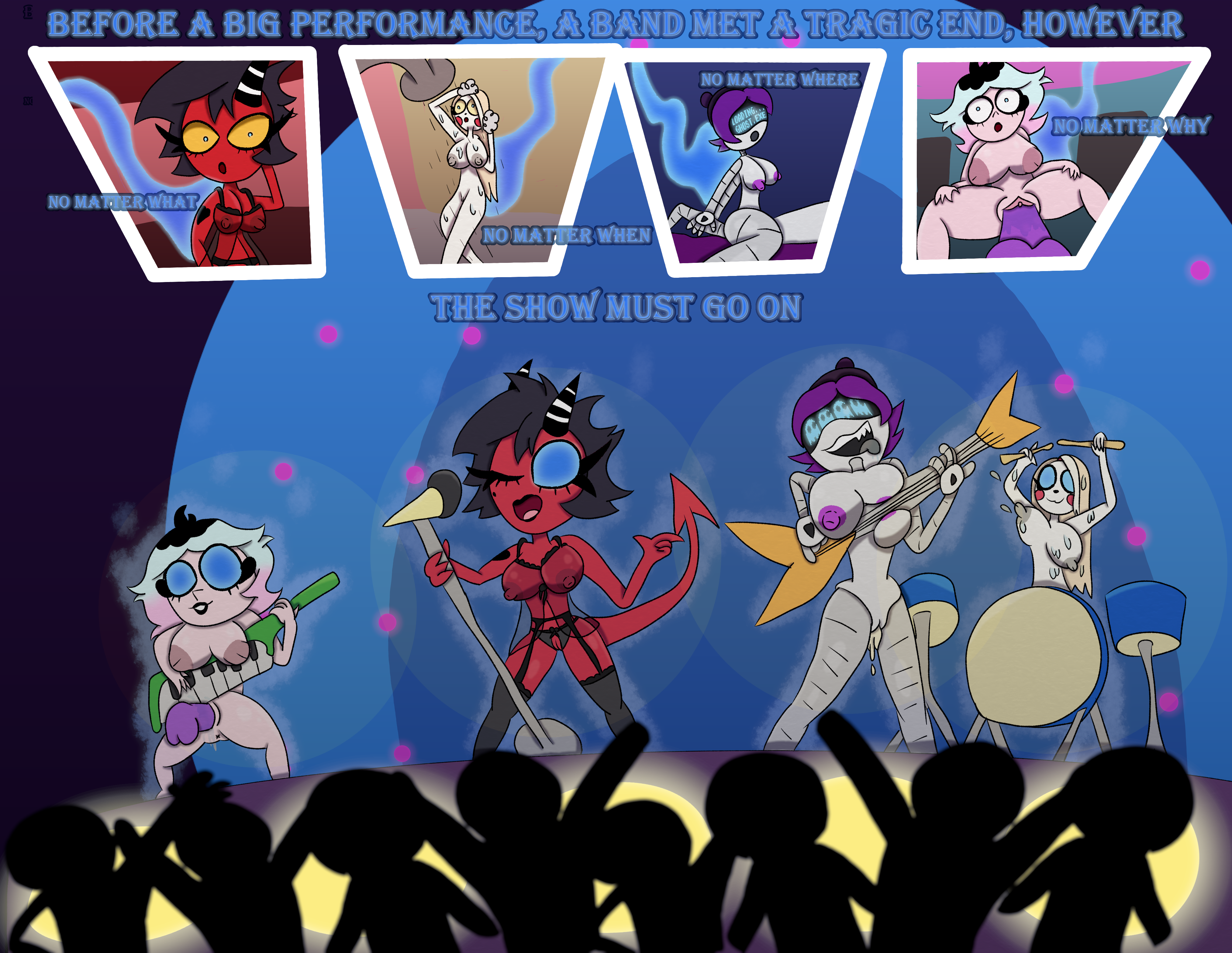 breasts charlie_morningstar_(hazbin_hotel) demon demon_girl demon_horns dildo dildo_in_pussy emberlynn_pinkle emberlynn_pinkle_(human_form) ghost hazbin_hotel helluva_boss inverted_nipples lingerie millie_(helluva_boss) murder_drones possessed possession pussy robot robot_girl stage stage_show tcross text uzi_(murder_drones) wet