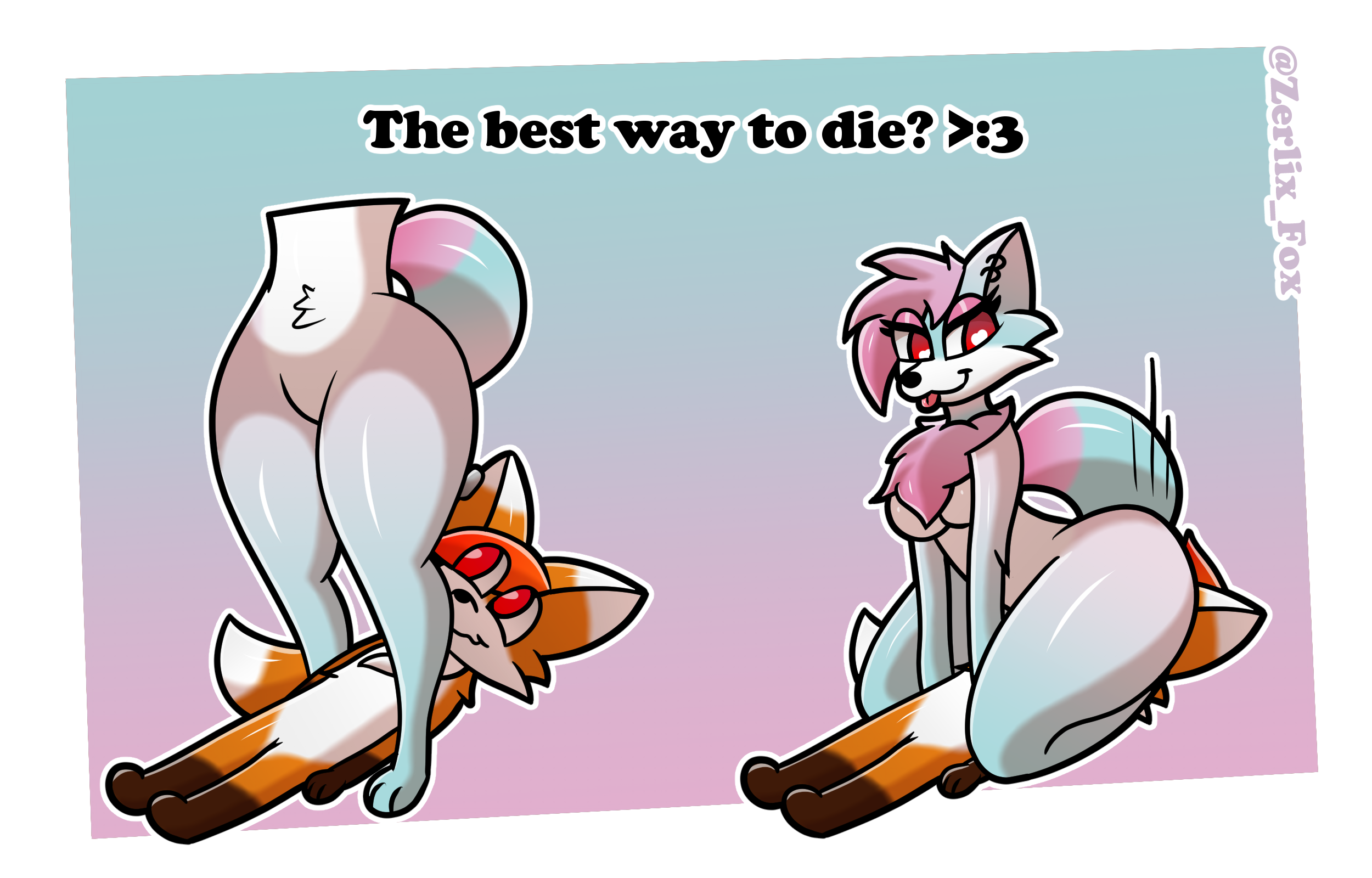 2d (artwork), 4:3, comic, digital media (artwork), english text, hi res, meme, shaded, simple background, text, 2022, 3 fingers, :3, anthro, arched back, arctic fox, ass, ass up, athletic, bedroom eyes, bent arm, big tail, biped, border, breasts, butt in face, canid, canine, cheek tuft, chest tuft, claws, curvy figure, cute fangs, digitigrade, dipstick ears, dipstick tail, duo, ear piercing, ear ring, ears up, eyelashes, eyeliner, face mounting, facesitting, facial tuft, fangs, featureless breasts, featureless crotch, female, fingers, fluffy, fluffy tail, fox, fur, girly, grin, hand on butt, hand on hip, hanging breasts, heart, love, makeup, male, male/female, mammal, markings, mostly nude, multicolored ears, multiple scenes, narrowed eyes, nude, nude female, open mouth, open smile, orange body, paws, piercing, raised tail, red eyes, red fox, ring piercing, seductive, signature, size difference, small waist, smile, standing, straight legs, tail markings, teeth, thick eyelashes, thick thighs, thin eyebrows, tuft, white body, white border, wide eyed, wide hips, zerlix fox, zerlix fox (fursona), 
