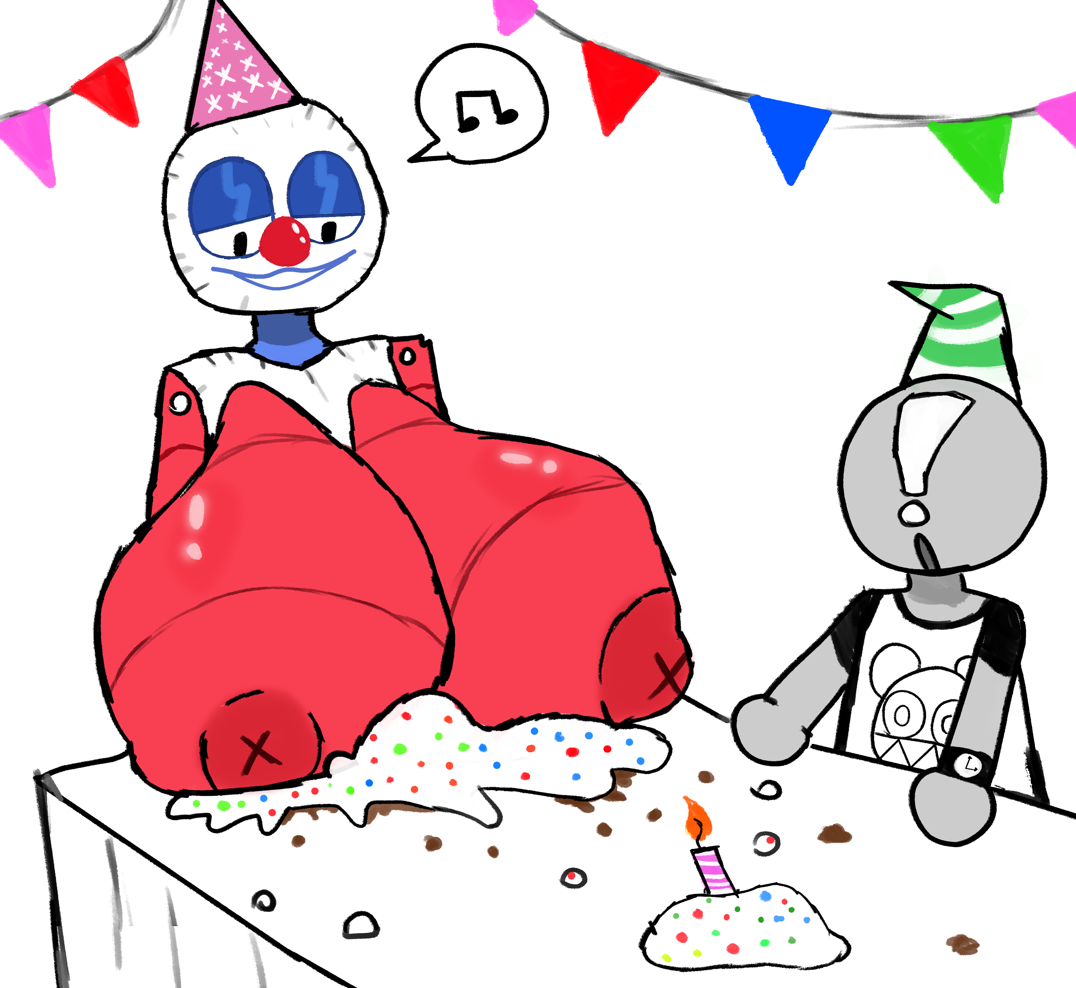 anonymous_male band_mascot bedroom_eyes big_breasts bigger_female birthday_cake birthday_hat birthday_party blue_skin breast_focus breasts cake clown_girl el_sick faceless_male female five_nights_at_freddy's five_nights_at_freddy's_2 looking_at_breasts male music_mascot naked not_caring paper_pals paperpals radiohead_bear red_body showing_breasts smaller_male smiling surprised_expression surprised_face table tagme_(artist) tagme_(character) whistle white_background x_nipples