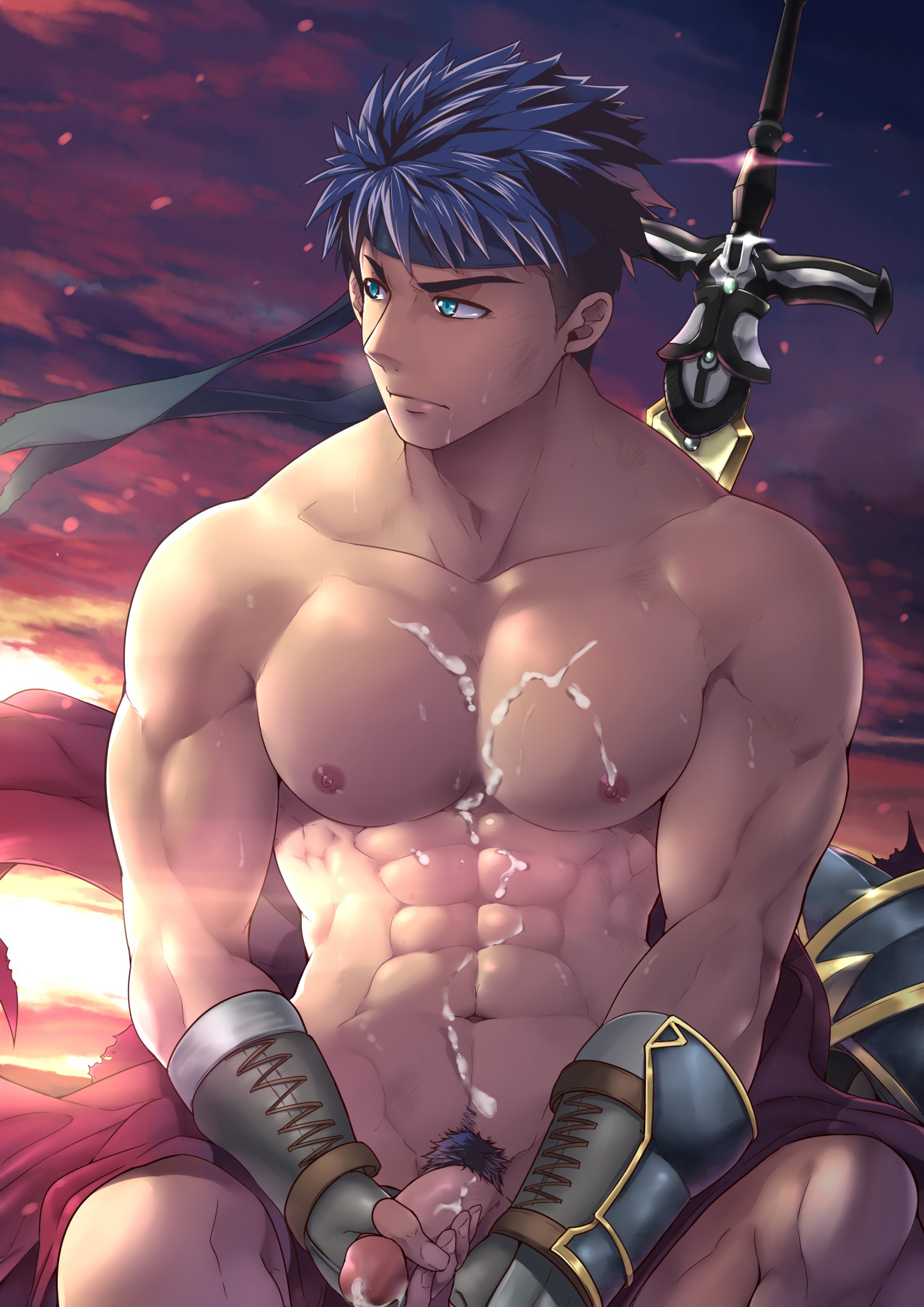mazjojo, ike, fire emblem, 1boy, abs, after masturbation, after orgasm, bandana, bara, biceps, blue eyes, blue hair, bodily fluids, bracelet, cum, cum drip, cum on body, cum on penis, cum on self, erection, glans, human, human only, looking to the side, male, male focus, male only, masturbation, muscles, muscular, muscular male, naked, navel, nipples, nude, outdoors, outside, pecs, penile masturbation, penis, penis grab, pubic hair, solo, solo focus, solo male, sunset, sweat, sword, triceps, weapon, 