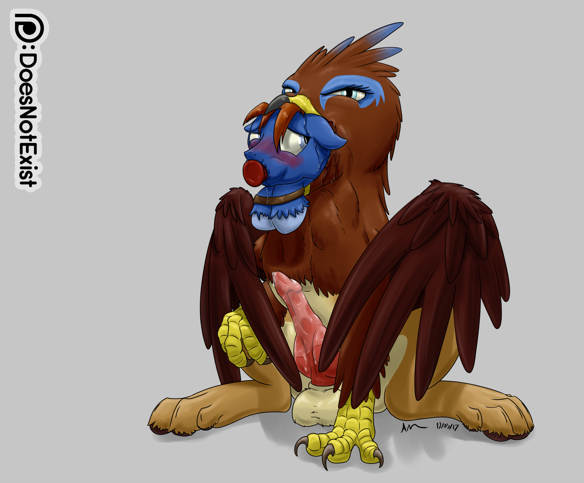 theandymac, my little pony, 2017, grey background, simple background, avian, balls, blue eyes, blue fur, blush, bondage, bound, brown feathers, brown fur, claws, cock gag, drooling, duo, equine, fan character, feathered wings, feathers, feral, fur, gag, gryphon, horse, knot, looking at viewer, male, mammal, neck bulge, oral vore, penis, pony, saewin, saliva, seaward skies, signature, sitting, tan fur, vore, wings, yaoi, 