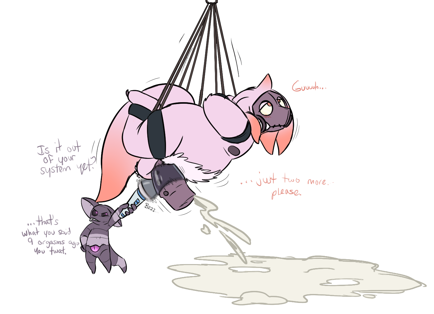 sashaviel, aviel, doll, 2018, english text, text, angry, anthro, balls, begging, belly, big balls, big belly, big penis, blush, body hair, bondage, bound, cum, duo, erection, excessive cum, gas mask, genital piercing, ghost, hair, hairy, horn, male, male only, mask, moan, monster, multiple orgasms, nipples, nude, orange eyes, orgasm, overweight, penis, penis milking, piercing, sex toy, spirit, standing, stomach mouth, suspension, tongue, vibrating wand, vibrator, 