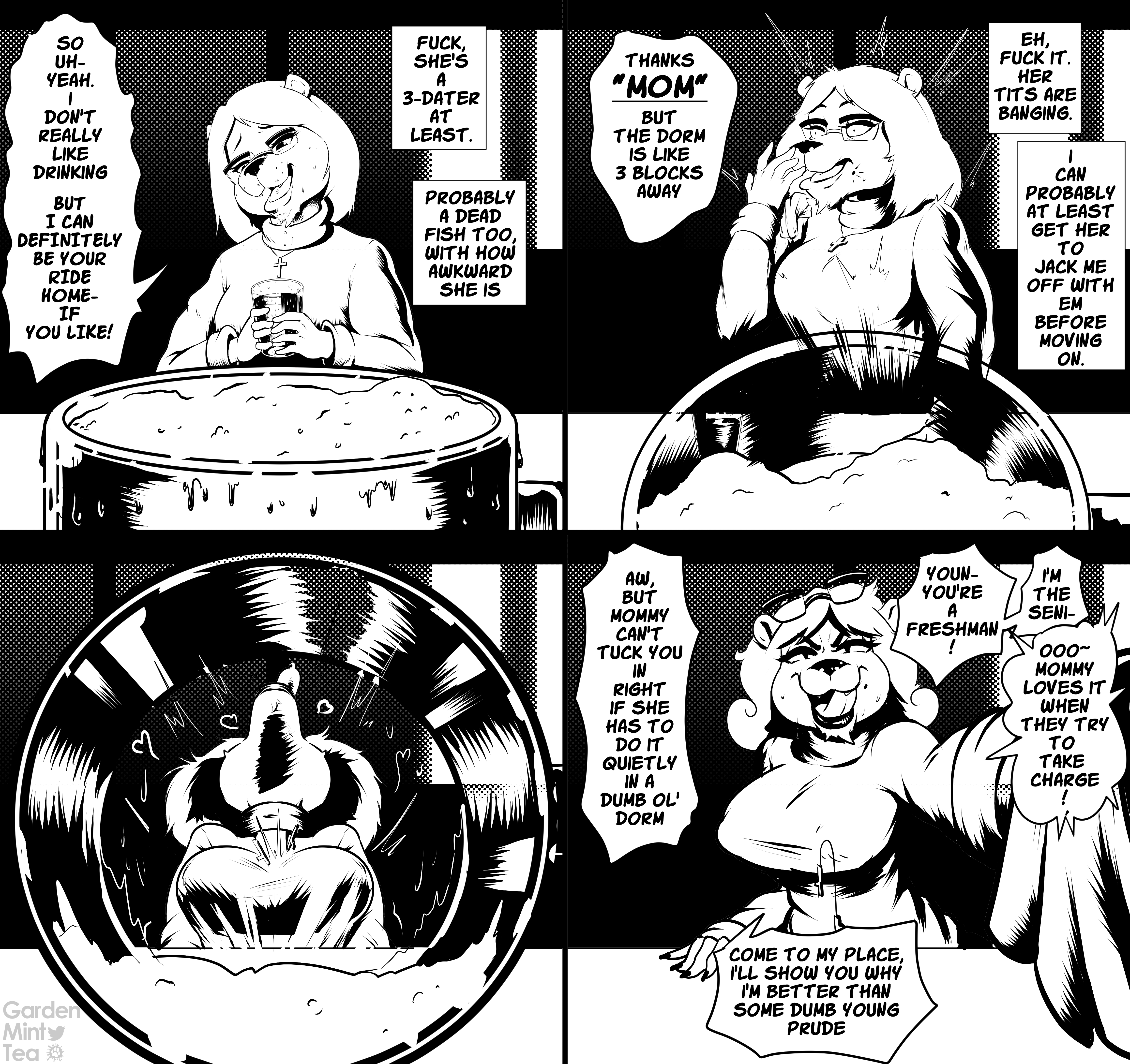 counting cougar, iris, furaffinity, nickelodeon, t.u.f.f. puppy, twitter, absurd res, black and white, comic, digital drawing (artwork), digital media (artwork), english text, hi res, monochrome, speech bubble, text, thought bubble, 2023, 5 fingers, age difference, anthro, aroused, artist name, beauty mark, beverage, big breasts, black text, bodily fluids, bowl, breasts, bulging breasts, chin tuft, christian cross, clothed, clothed anthro, clothed female, clothing, constricted pupils, container, cougar, covering, covering mouth, cross, crucifix, cup, curved eyebrows, date, dialogue, extended arm, eyebrows, eyelashes, eyewear, eyewear on head, facial tuft, fangs, felid, feline, female, fingernails, fingers, first person view, freckles, frown, fur, fur tuft, furaffinity logo, furniture, gardenminttea, glasses, glasses on head, glistening, glistening lips, hair, hand on object, hand on table, head tilt, head turned, heart, holding beverage, holding container, holding cup, holding object, humanoid hands, imminent sex, inside, jewelry, licking, lips, logo, looking at viewer, looking away, looking pleasured, male, male/female, male pov, mammal, mature anthro, mature female, messy hair, milf, mommy kink, nails, necklace, open frown, open mouth, open smile, orgasm, pointy speech bubble, profanity, pupils, reaching towards viewer, round ears, saliva, saliva on tongue, self lick, short hair, small pupils, smile, smiling at viewer, snout, solo, surprise, sweat, sweater, table, talking to viewer, teeth, text emphasis, thick bottom lip, thick eyelashes, tongue, tongue out, topwear, tuft, turtleneck, twitter logo, underline, wet, wet body, wet fur, 