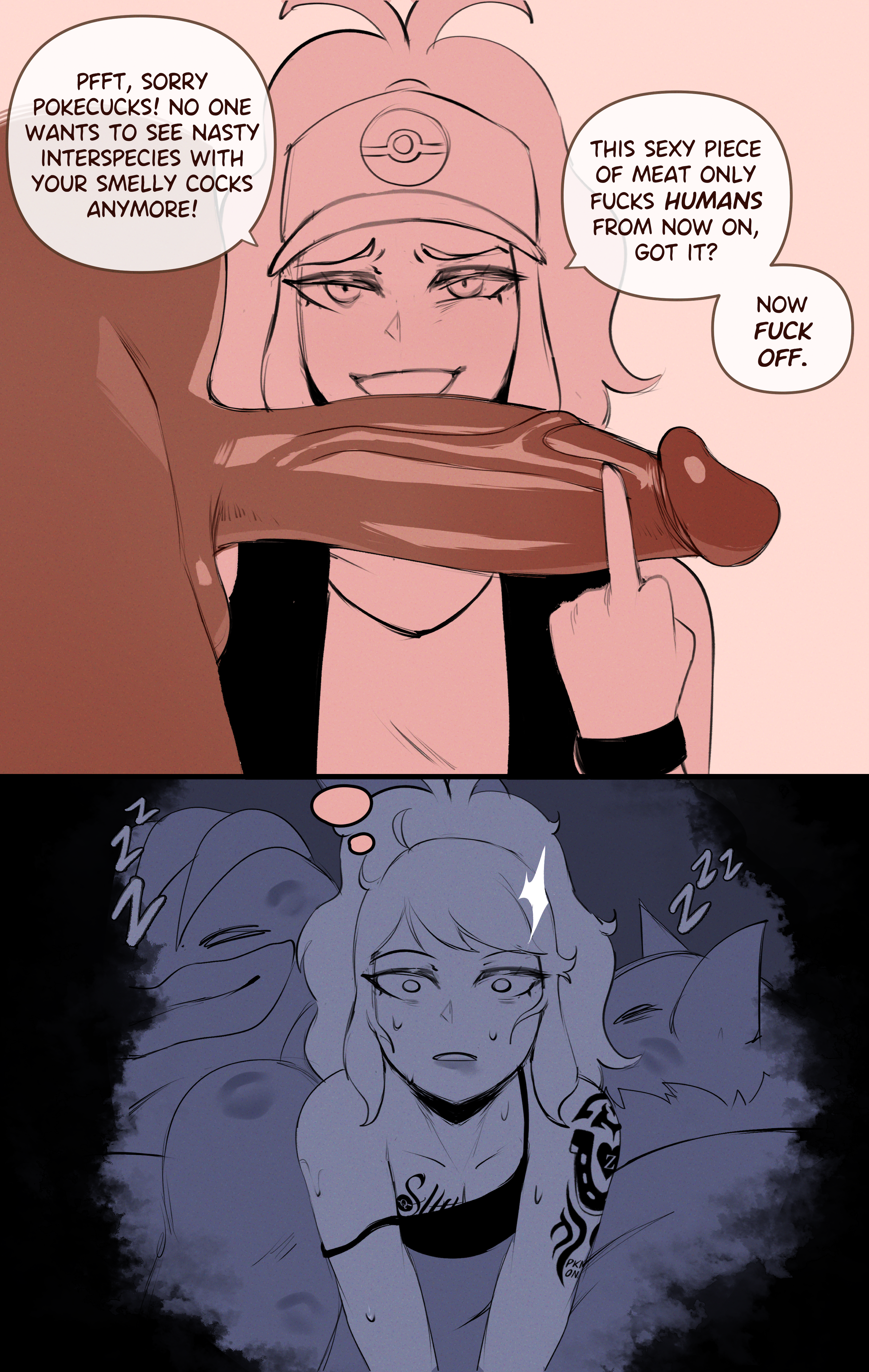 1girls 3boys after_sex april_fools color colored cuckold cuckold_pov cuckolding dark-skinned_male dark_skin dialogue dream dream_sequence english english_text female game_freak hilda_(pokemon) hypno kiss_mark large_penis light-skinned_female light_skin lipstick lipstick_mark long_hair machamp male middle_finger monochrome nightmare nintendo no_artist_signature no_nostrils penis pokemon pokemon_(species) pokemon_bw pokephilia queen_of_pokemon sleeping slut_tattoo sweat tank_top tattoo uncensored waking_up white_pupils wingedwasabi