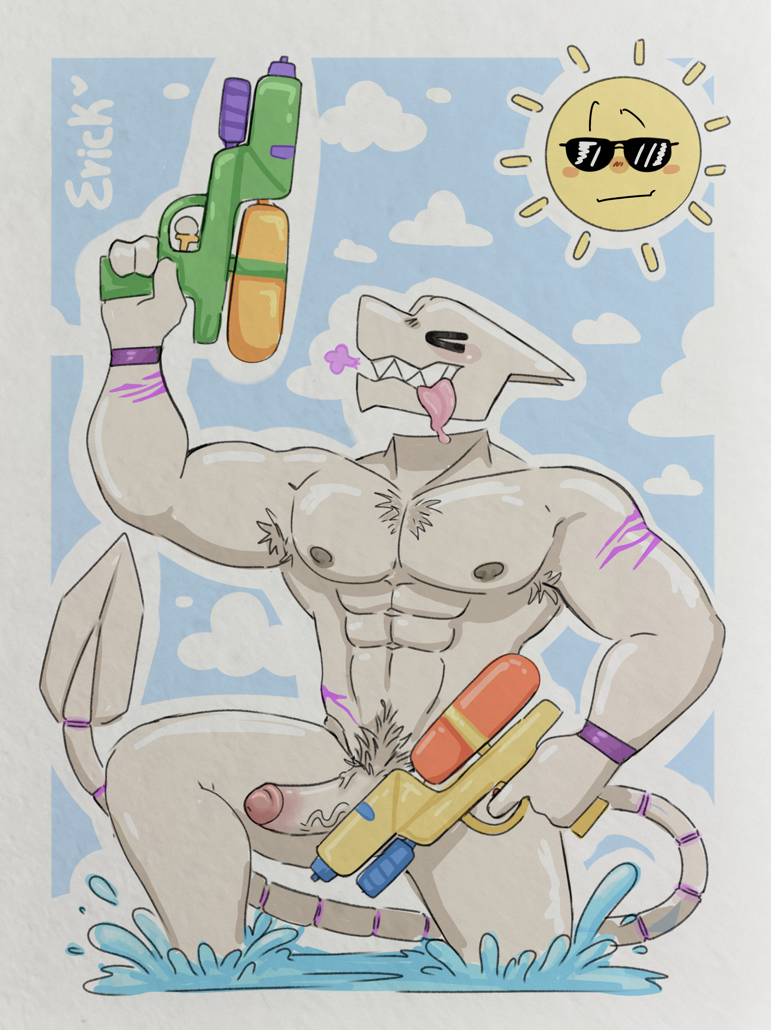 1boy alexito_dts anthro big_chest big_penis boner dragon erection furry furry_male gay gay_male hairy_chest leviathan_(skullgirls) male male_only muscular muscular_male pubic_hair scar scars skullgirls summer tongue_out water_gun