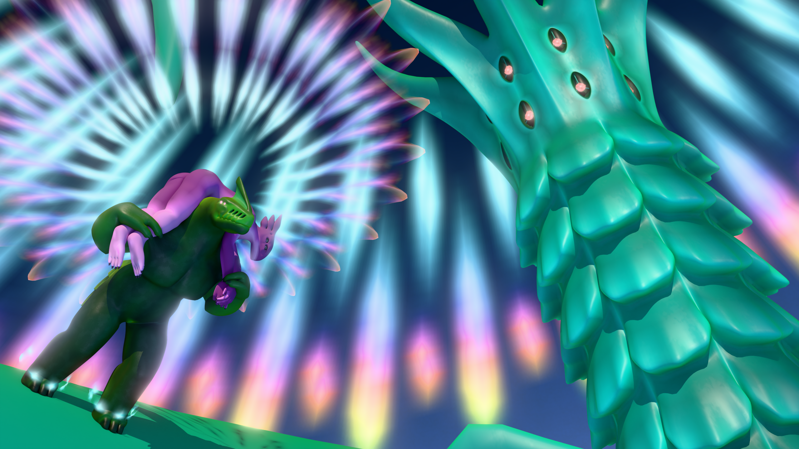 background character, 16:9, 3d (artwork), blender cycles, digital media (artwork), hi res, 2025, ambiguous gender, amen (matath), andromorph, big muscles, big pecs, biped, blender (artwork), carrying another, day, duo, eoheki, eohekimia, frill (anatomy), genitals, glowing, glowing eyes, green body, group, halo, hepipo, hooves, horn, huge pecs, intersex, larger andromorph, larger intersex, llekintea, malaguetista, membrane (anatomy), membranous frill, multi eye, multi nostril, munyinsi, muscular, muscular andromorph, muscular intersex, nude, outside, pecs, poteta, purple body, radial symmetry, red eyes, roshenon, size difference, sky, smaller ambiguous, taska (mhy), trio, vulva, widescreen, 