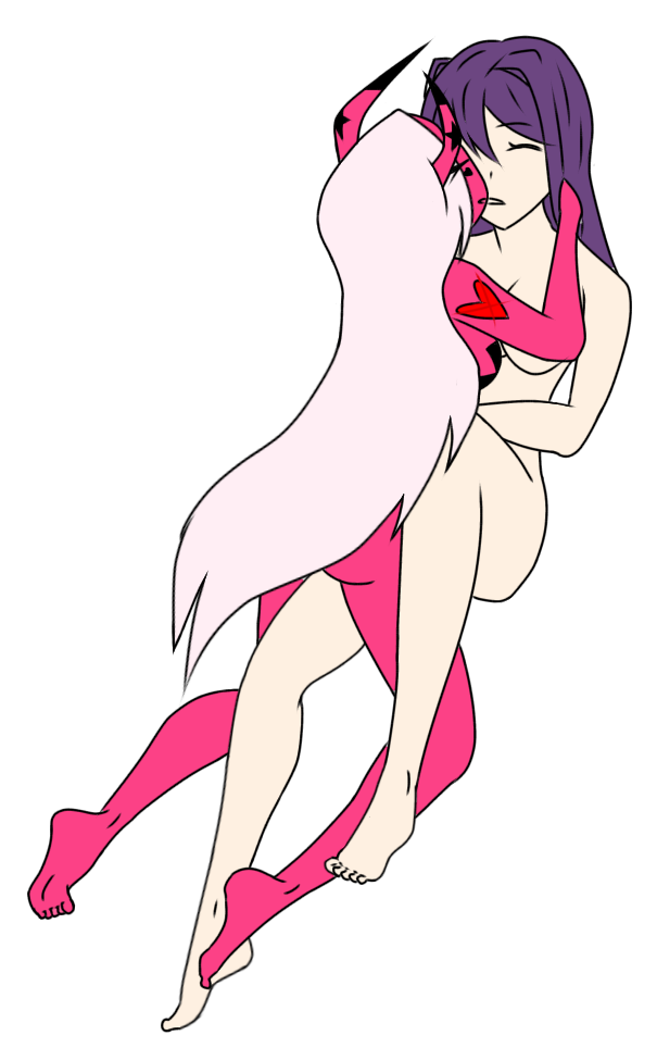 yuri (doki doki literature club), doki doki literature club, helluva boss, closed eyes, convenient censoring, demon, demon girl, heart tattoo, horns, kissing, light pink hair, nipple tape, pink skin, purple hair, romantic, star marking, succubus, verosika mayday (helluva boss), yuri, 