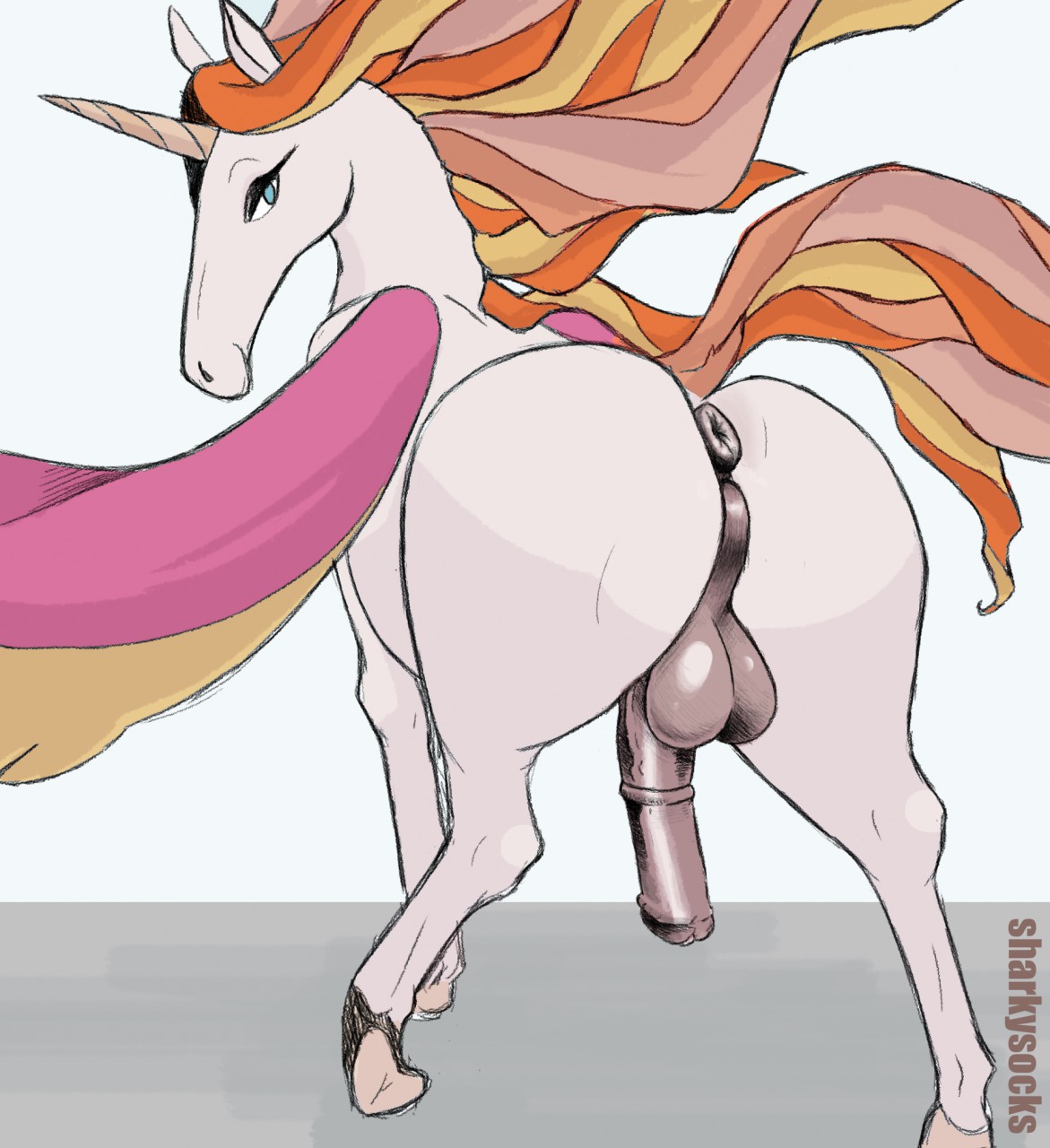 sharkysocks, swift wind, masters of the universe, mattel, netflix, she-ra and the princesses of power, 2019, hi res, simple background, sketch, text, watermark, 1boy, alicorn, anatomically correct, anatomically correct genitalia, anatomically correct penis, animal genitalia, animal penis, anus, ass, big ass, black skin, blue eyes, butt focus, equine, equine penis, erection, feral, fur, furry, hair, half-closed eyes, hooves, horn, horse, looking at viewer, looking back, male, male only, mammal, mane, medial ring, multicolored hair, multicolored wings, narrowed eyes, penis, pink wings, presenting, presenting anus, presenting hindquarters, pterippus, puffy anus, seductive, smile, solo, testicles, unicorn, white body, white fur, wings, 