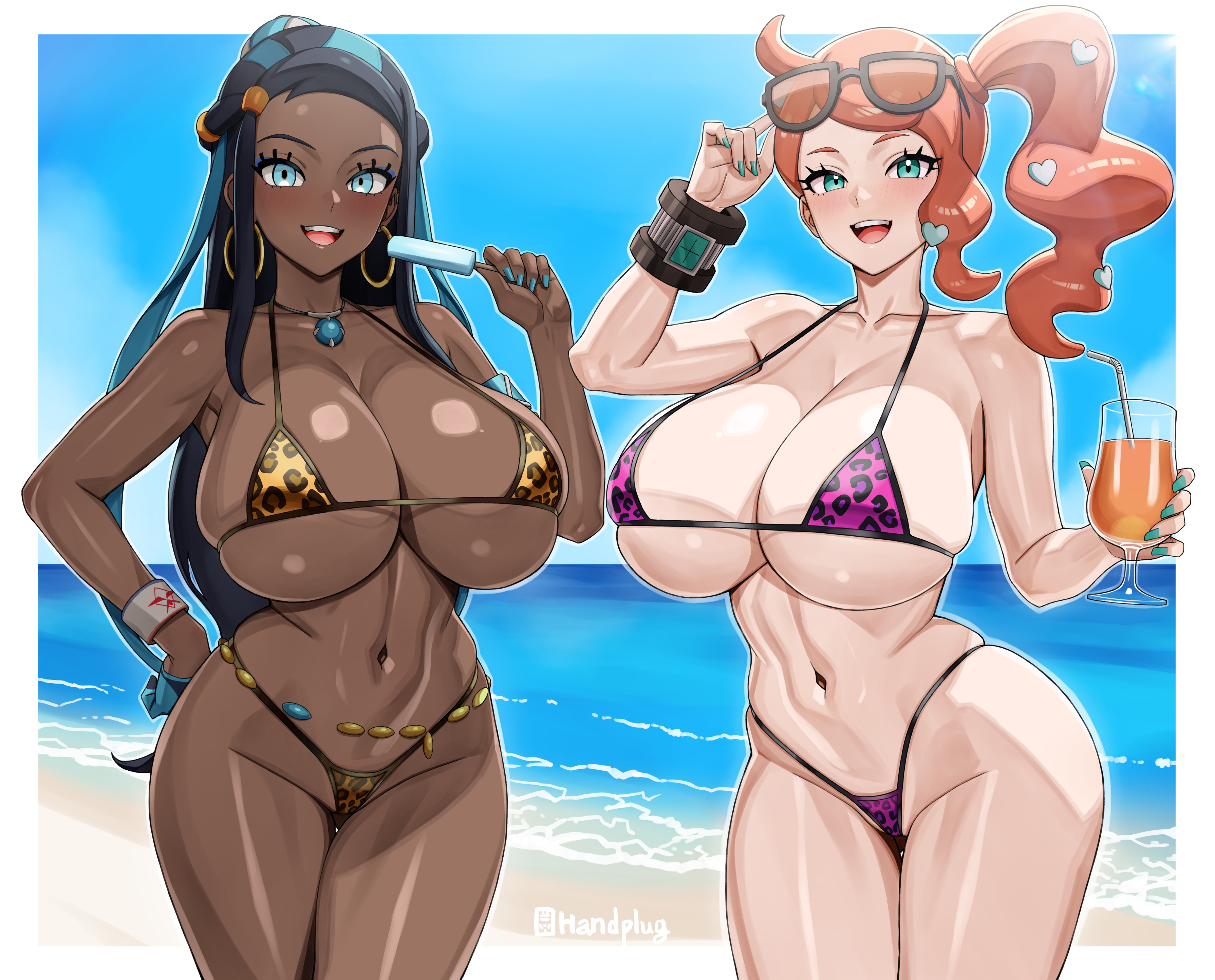 2girls aqua_eyes armband belly belly_button belly_chain bikini blue_eyes blue_hair blush breasts chocolate_and_vanilla cleavage curvy_body curvy_female curvy_figure dark-skinned_female dark_skin ear_piercing earrings eye_contact female female_focus female_only fingernails g-string game_freak gloves green_eyes gym_leader hair_ornament hand_on_hip handplug handwear heart_hair_ornament hoop_earrings hourglass_figure huge_ass huge_breasts human long_hair looking_at_viewer nail_polish navel navel_line necklace nessa_(pokemon) nintendo orange_hair pokemon pokemon_ss ponytail shiny_skin side_ponytail sonia_(pokemon) standing string_bikini sunglasses sunglasses_on_head swimwear thick_thighs thighs titties underboob wristwear