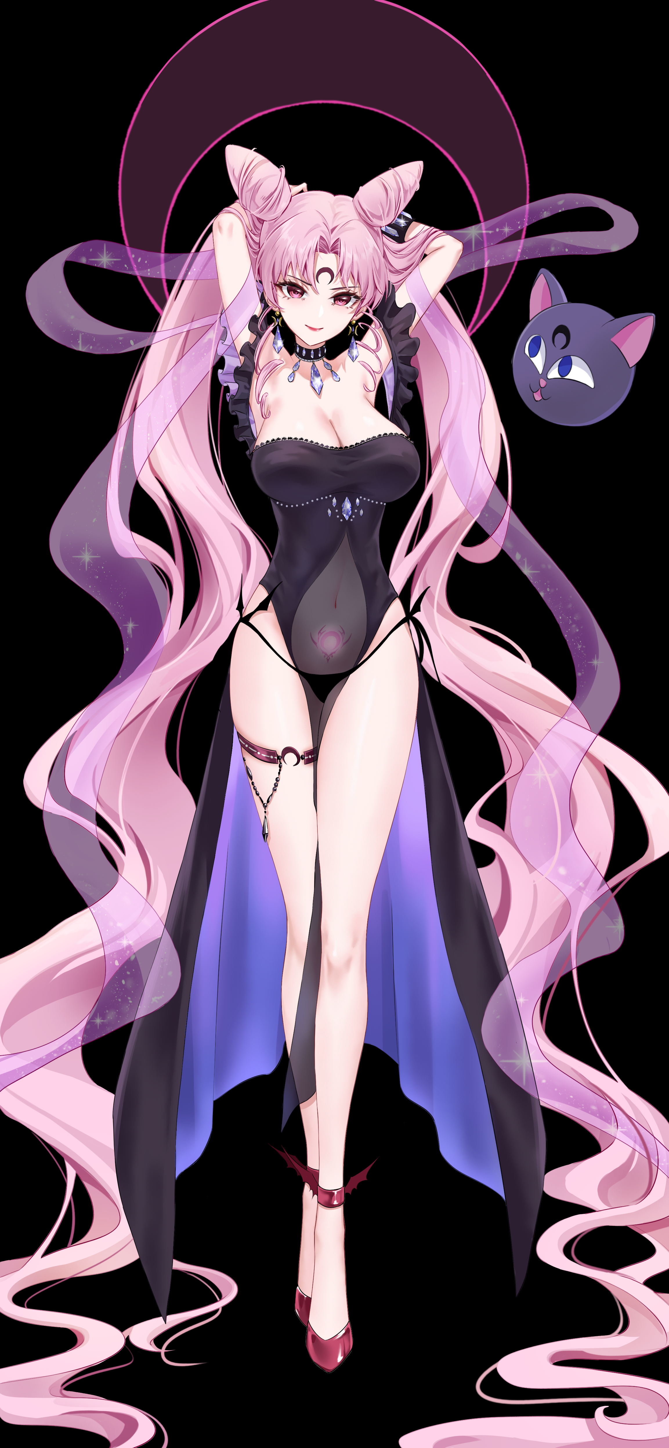1girls absurdly_long_hair absurdres anklet armpits arms_behind_head arms_up bare_arms bare_legs bare_shoulders bat_wings bishoujo_senshi_sailor_moon black_background black_lady black_panties bracelet breasts bridal_garter chibi_usa cleavage clothing collarbone crescent crescent_facial_mark crossed_legs curtained_hair double_bun dress earrings facial_mark female female_only frilled_thigh_strap full_body glowing_tattoo hair_bun highres jewelry jie_tou_deng_shan_ke large_breasts legs long_hair looking_at_viewer luna-p no_nose panties parted_bangs pendant_choker pink_eyes pink_hair pubic_tattoo red_footwear see-through see-through_clothes see-through_dress shoulders side-tie_panties simple_background tattoo thigh_strap twintails underwear very_long_hair wings