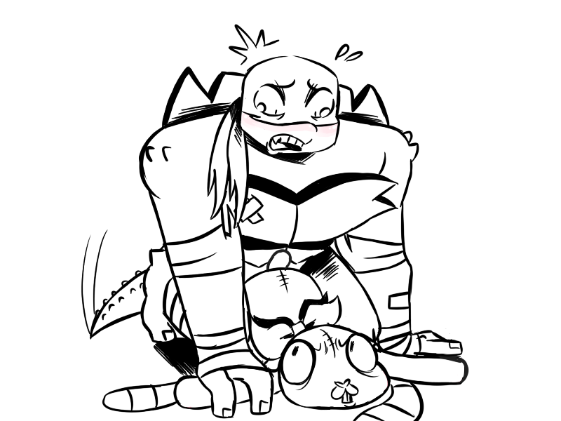 inkyfrog, mrs. cuddles, raphael, rise of the teenage mutant ninja turtles, teenage mutant ninja turtles, 2019, partially colored, simple background, white background, ambiguous gender, animate inanimate, ankle wraps, anthro, arm wraps, band-aid, bandage, bandana, blush, buckteeth, cuddling, duo, flying sweatdrops, lagomorph, male, male/ambiguous, male only, mammal, mask, motion lines, mrs., open mouth, plushie, plushophilia, rabbit, reptile, scalie, shell, spikes, sweat, sweatdrop, tailwag, tears, teeth, turtle, wraps, wrist wraps, 