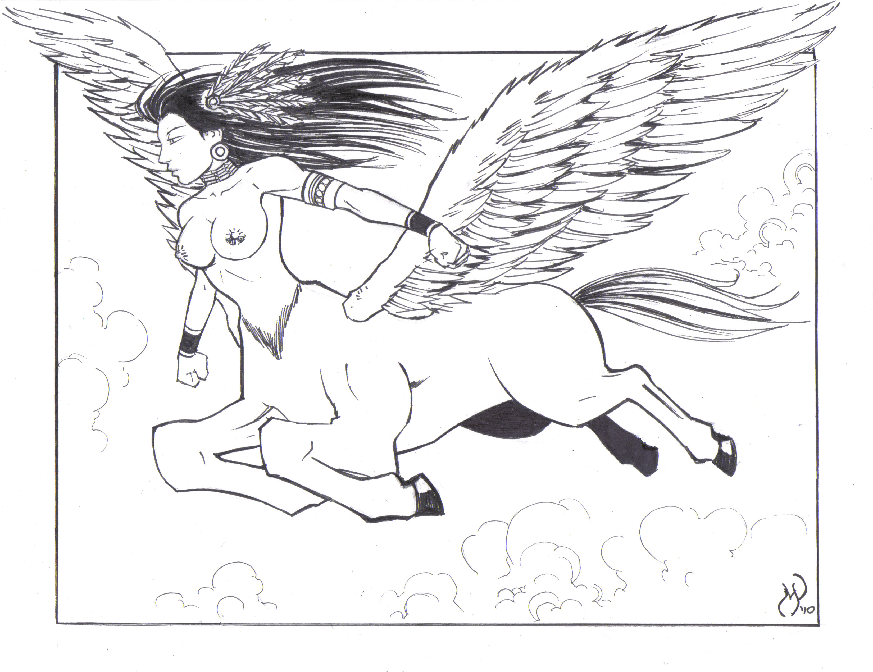 michael powell, greek mythology, mythology, black and white, arm bands, black hair, centaur, centauress, cosplay, earring, feather, flying, long hair, necklace, pegasus, wings, 